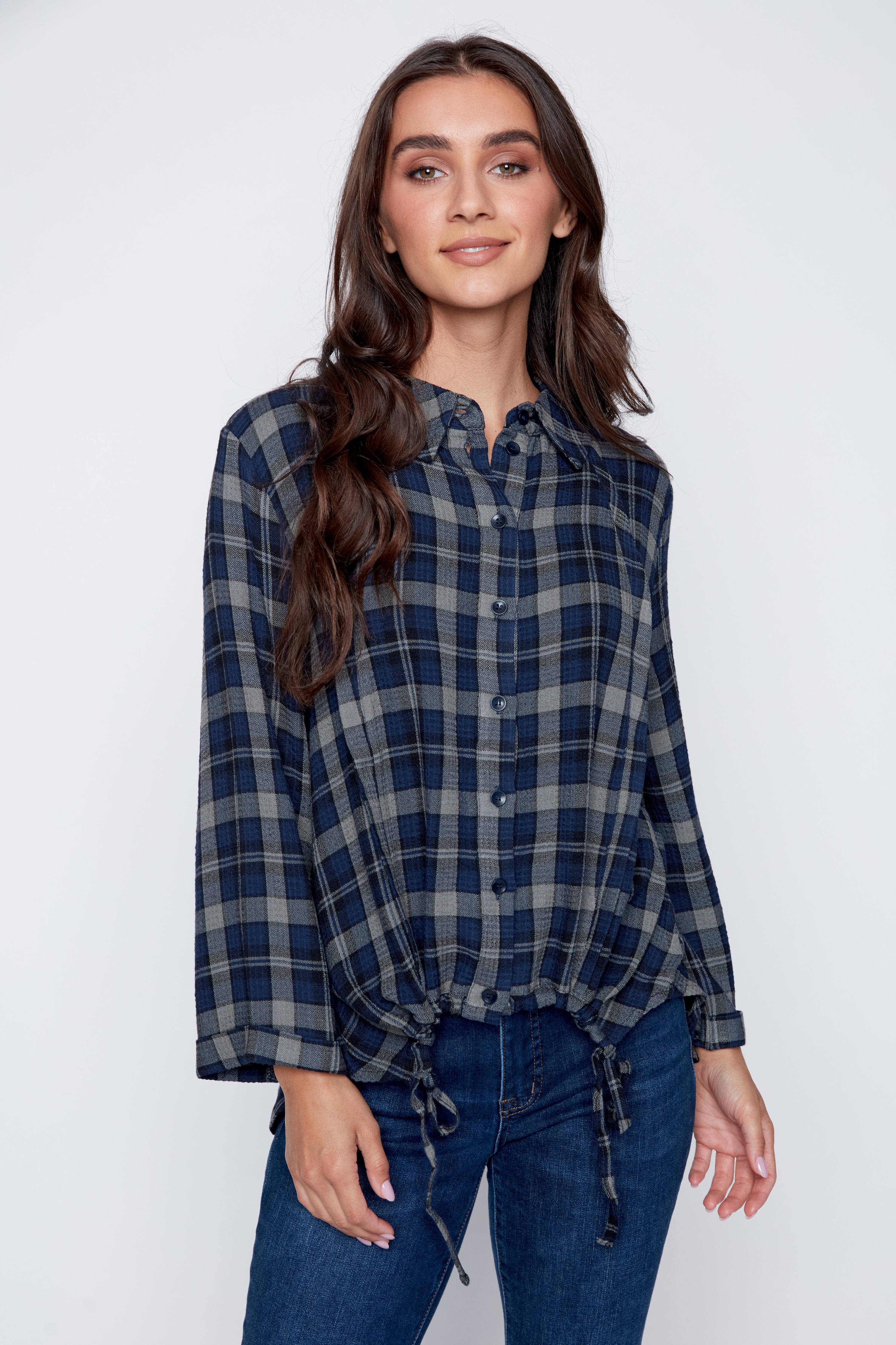Plaid shirt with drawstring hem