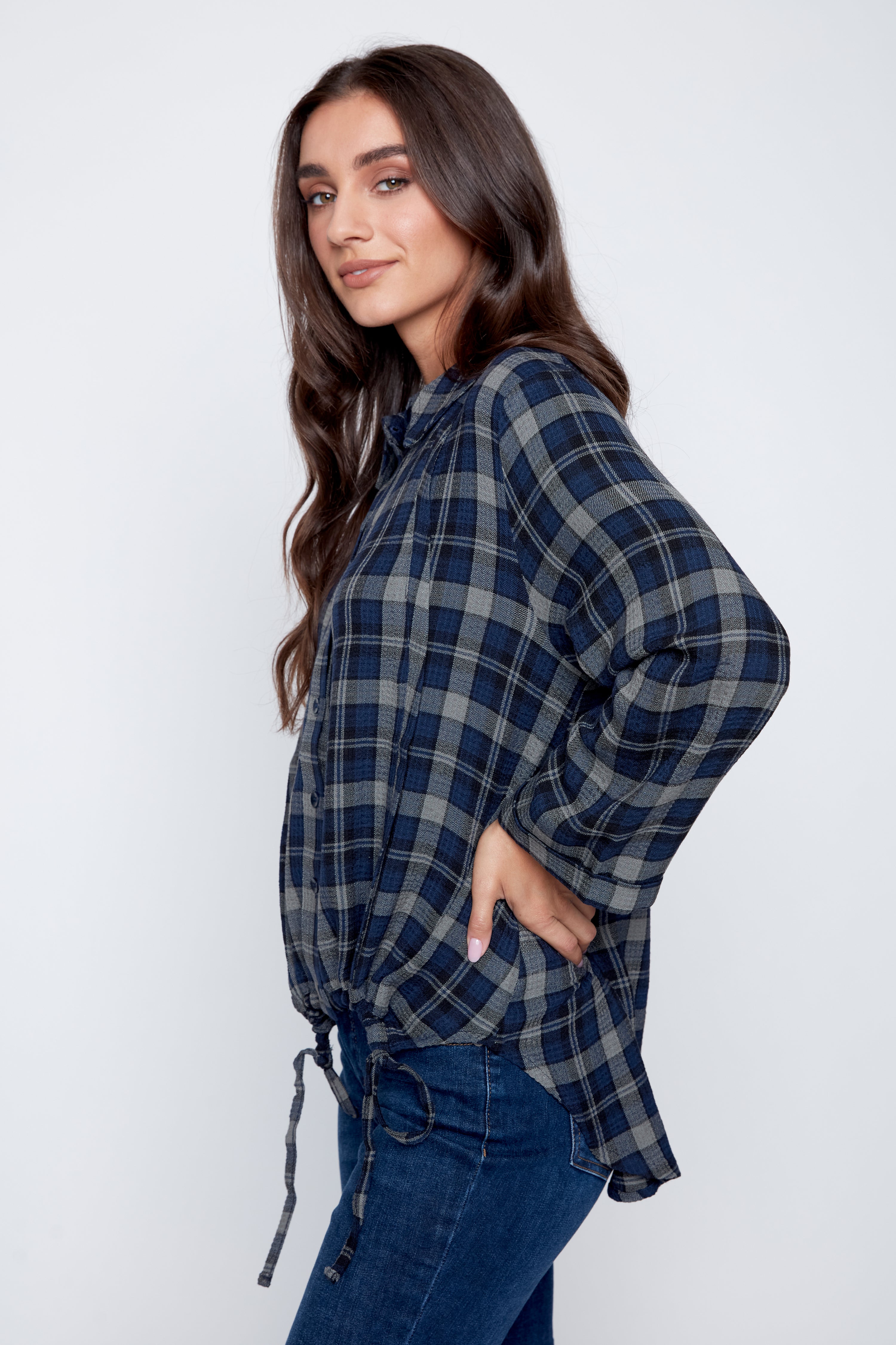 Plaid shirt with drawstring hem