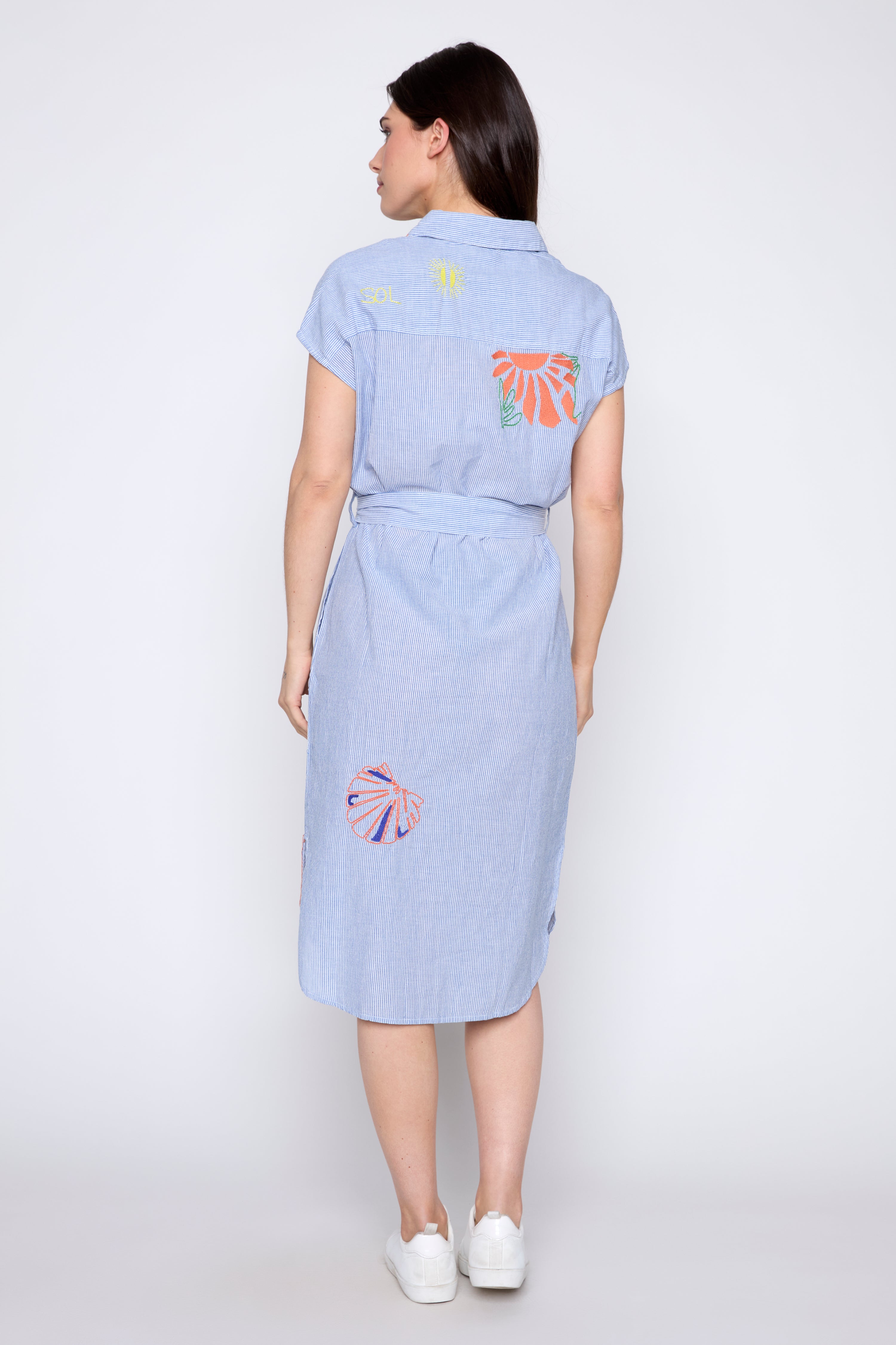 Embroidered belted cotton dress