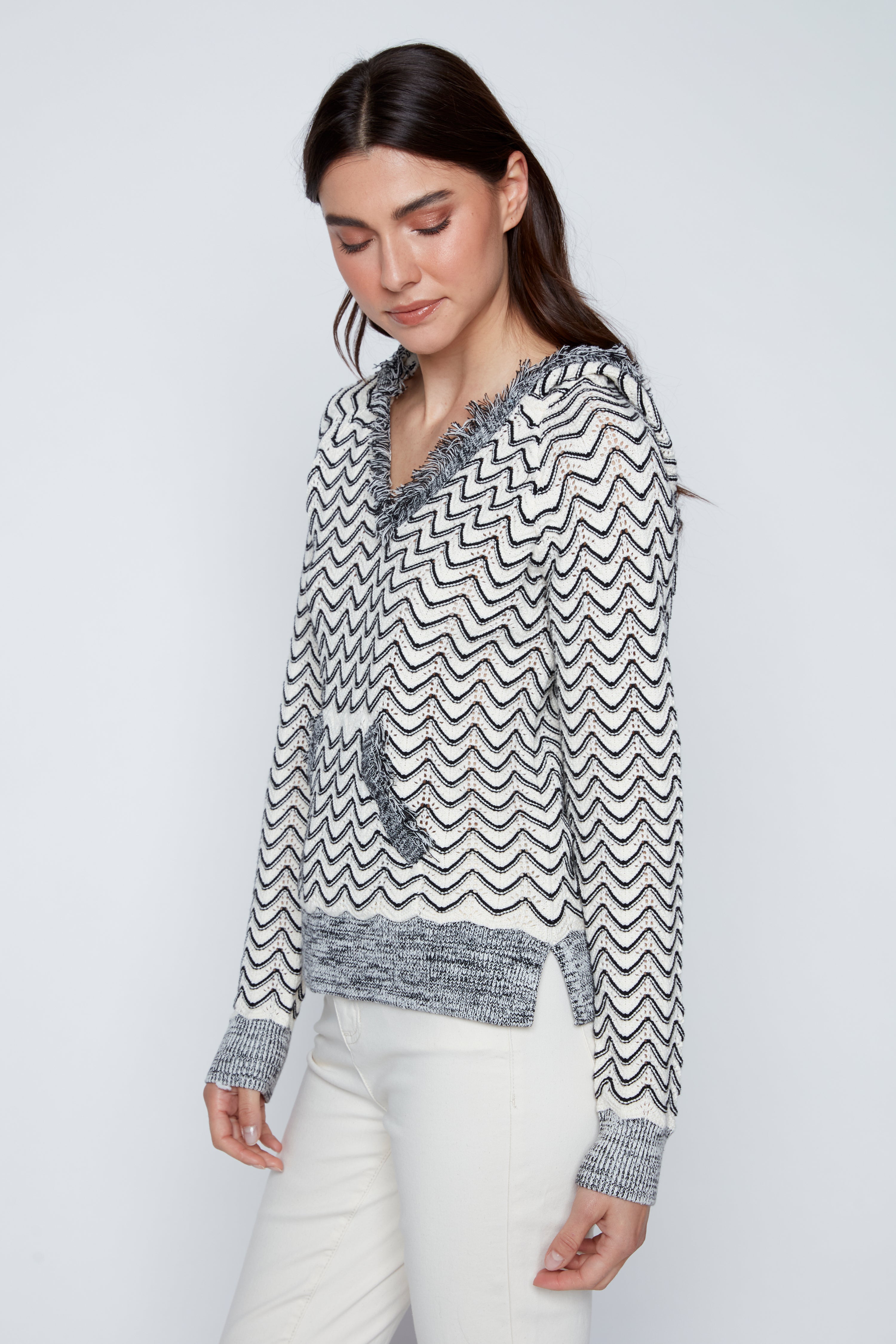 Hooded sweater with fringe trim