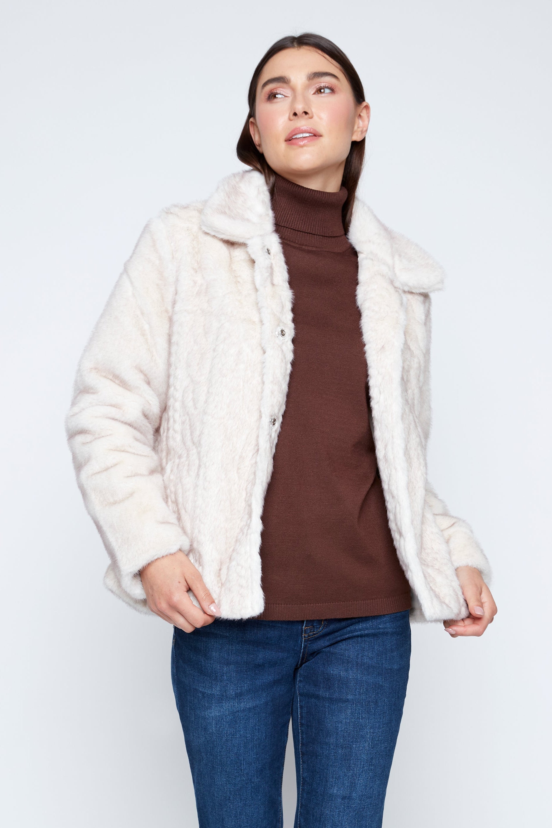 Cable front faux fur jacket