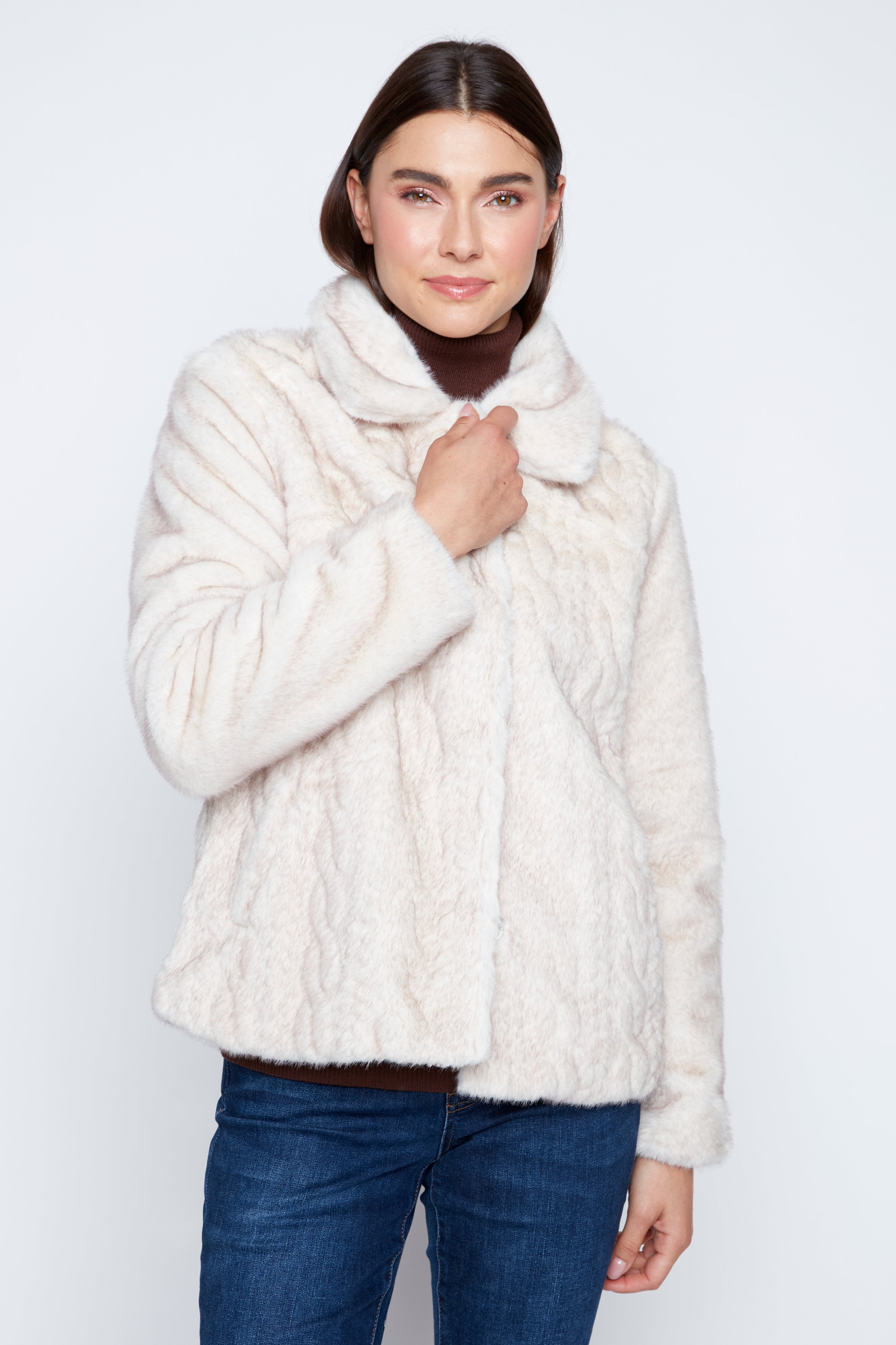 Cable front faux fur jacket