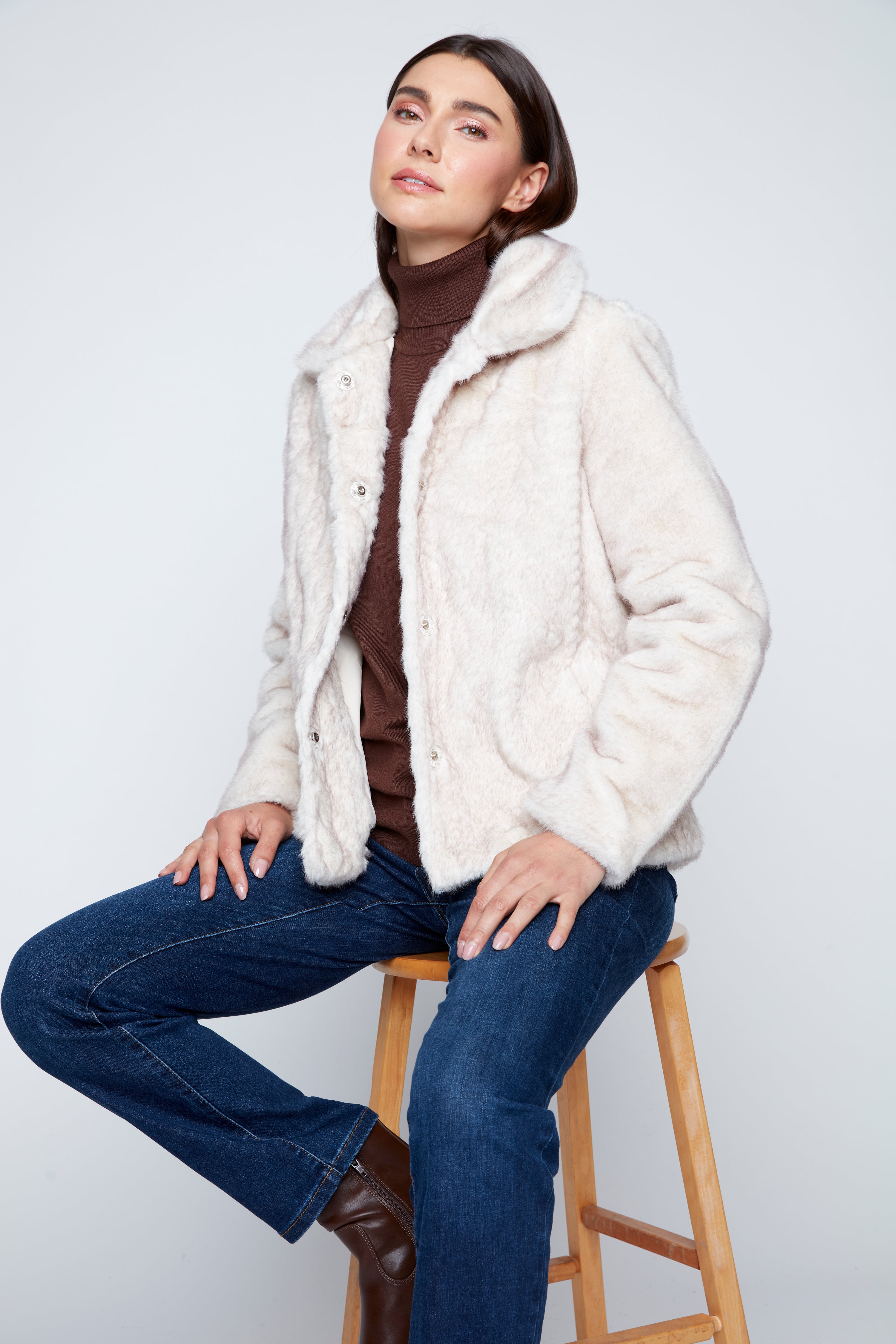 Cable front faux fur jacket