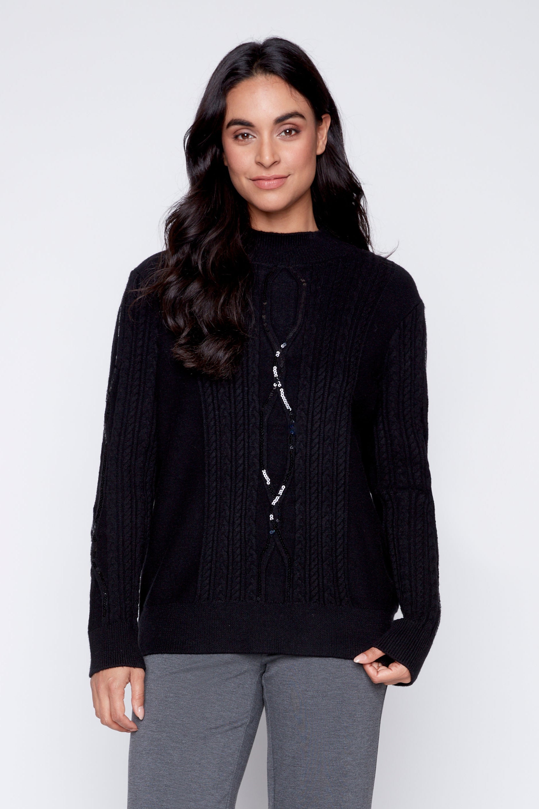 Sequin detail cable sweater