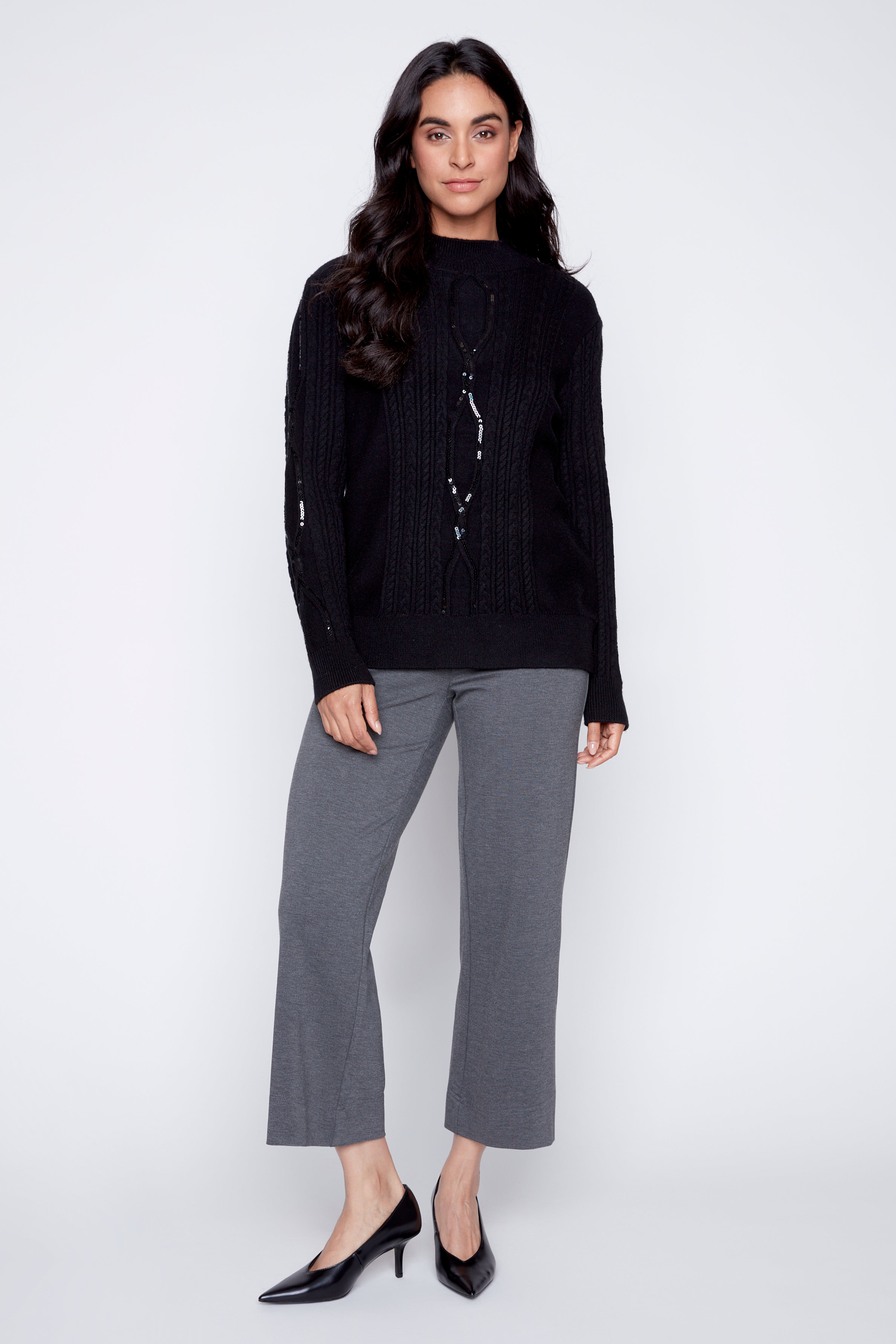 Sequin detail cable sweater