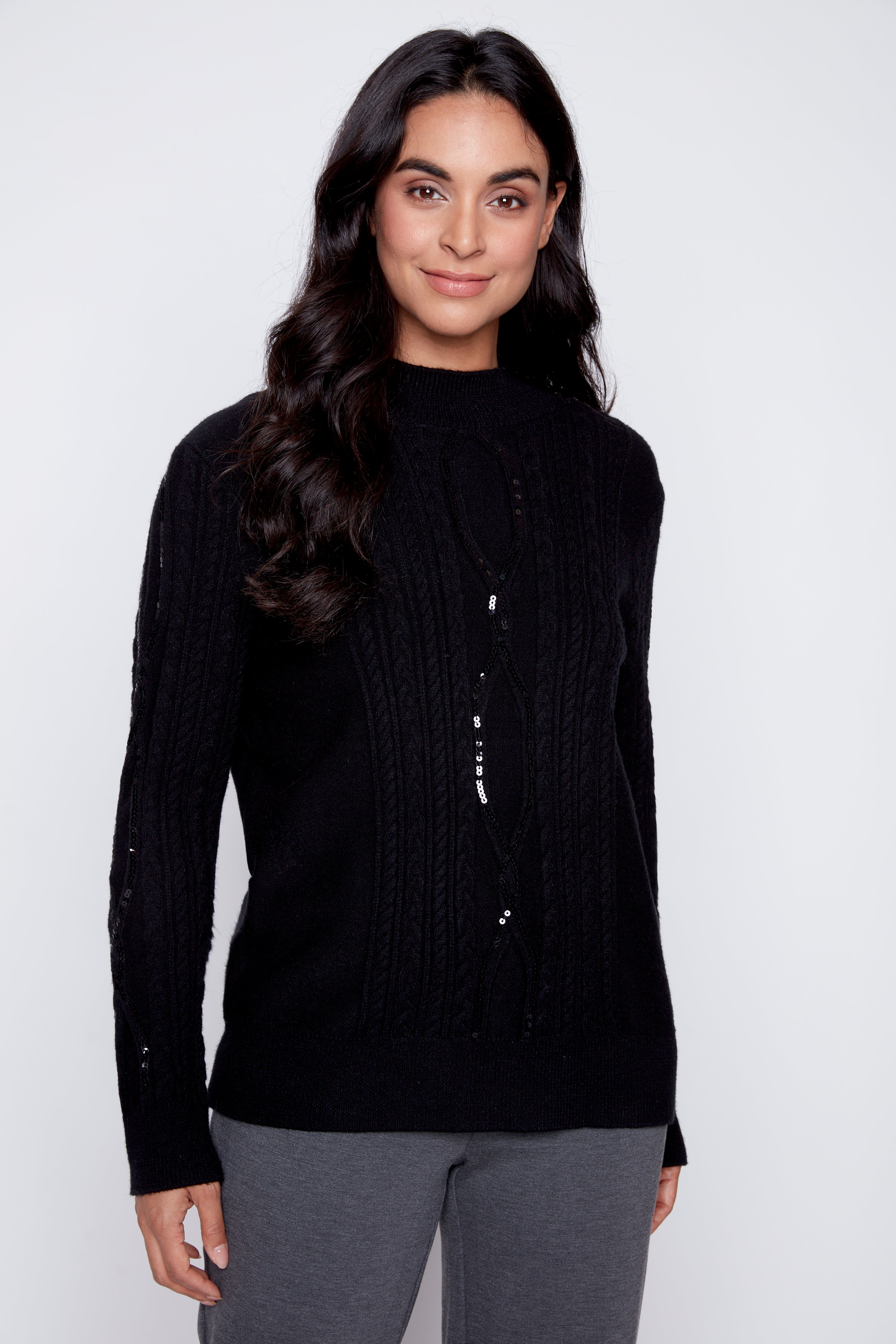 Sequin detail cable sweater