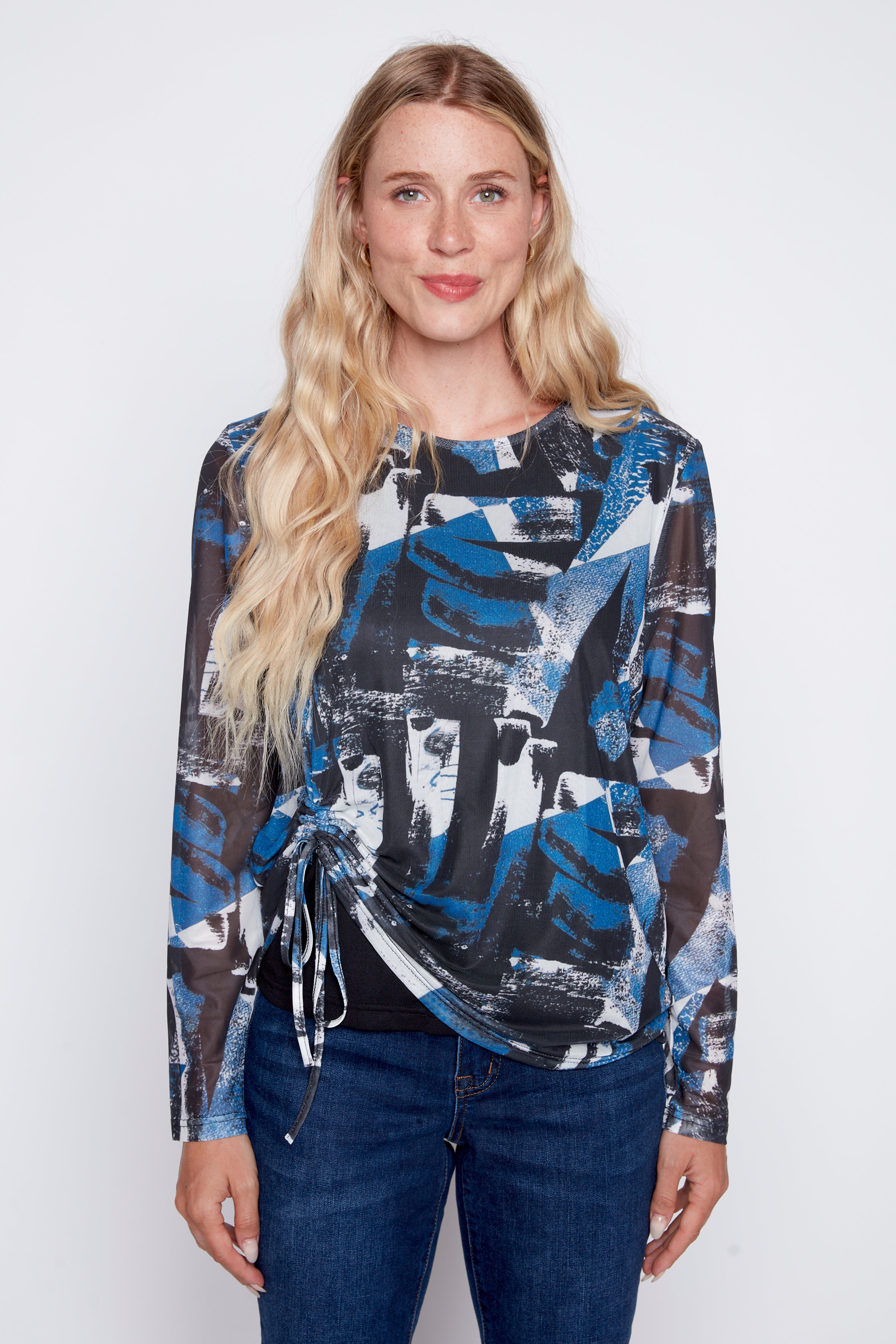 Printed mesh top with drawstring hem
