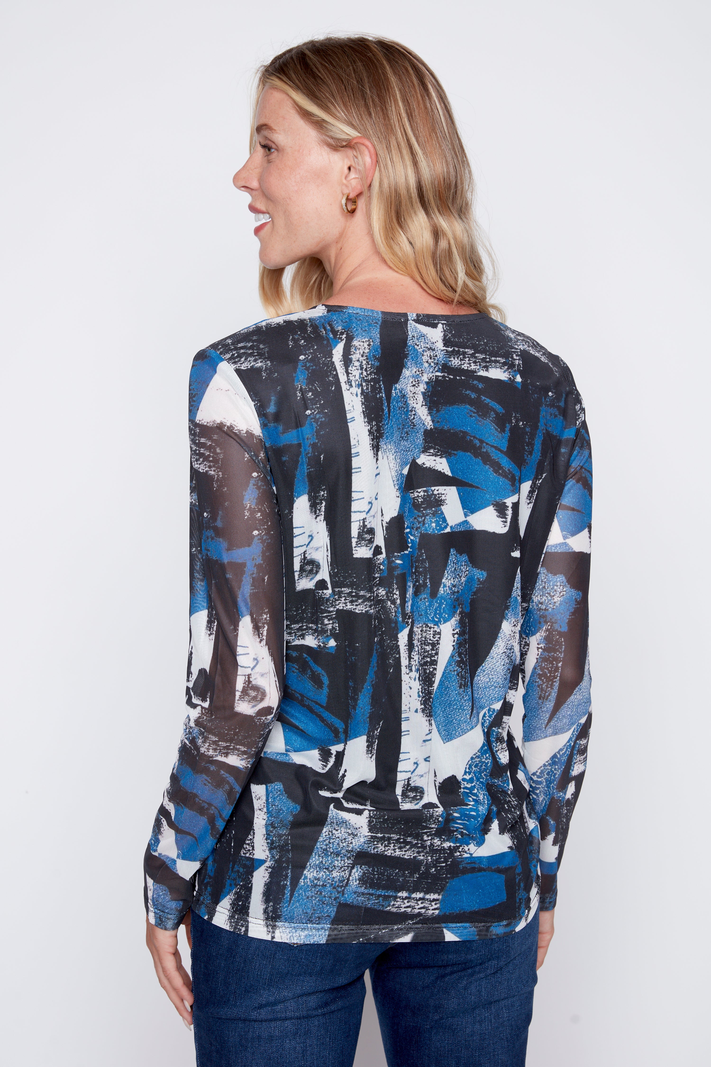 Printed mesh top with drawstring hem