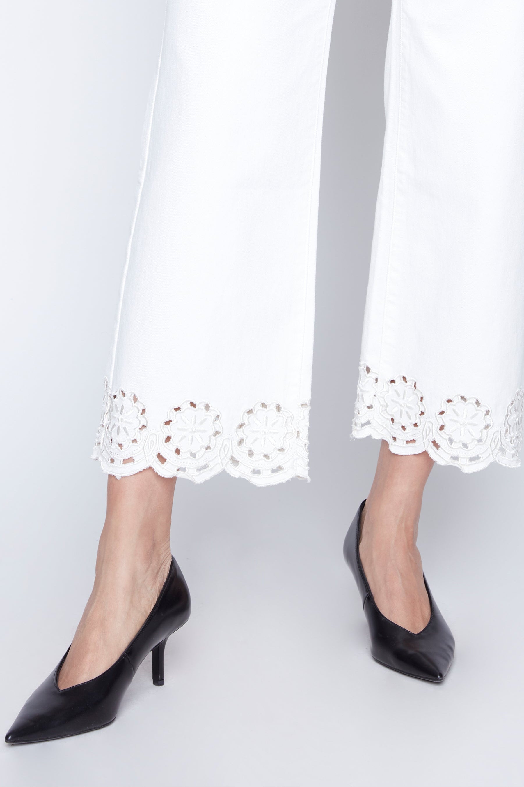 Flare leg eyelet embroidery hem jean