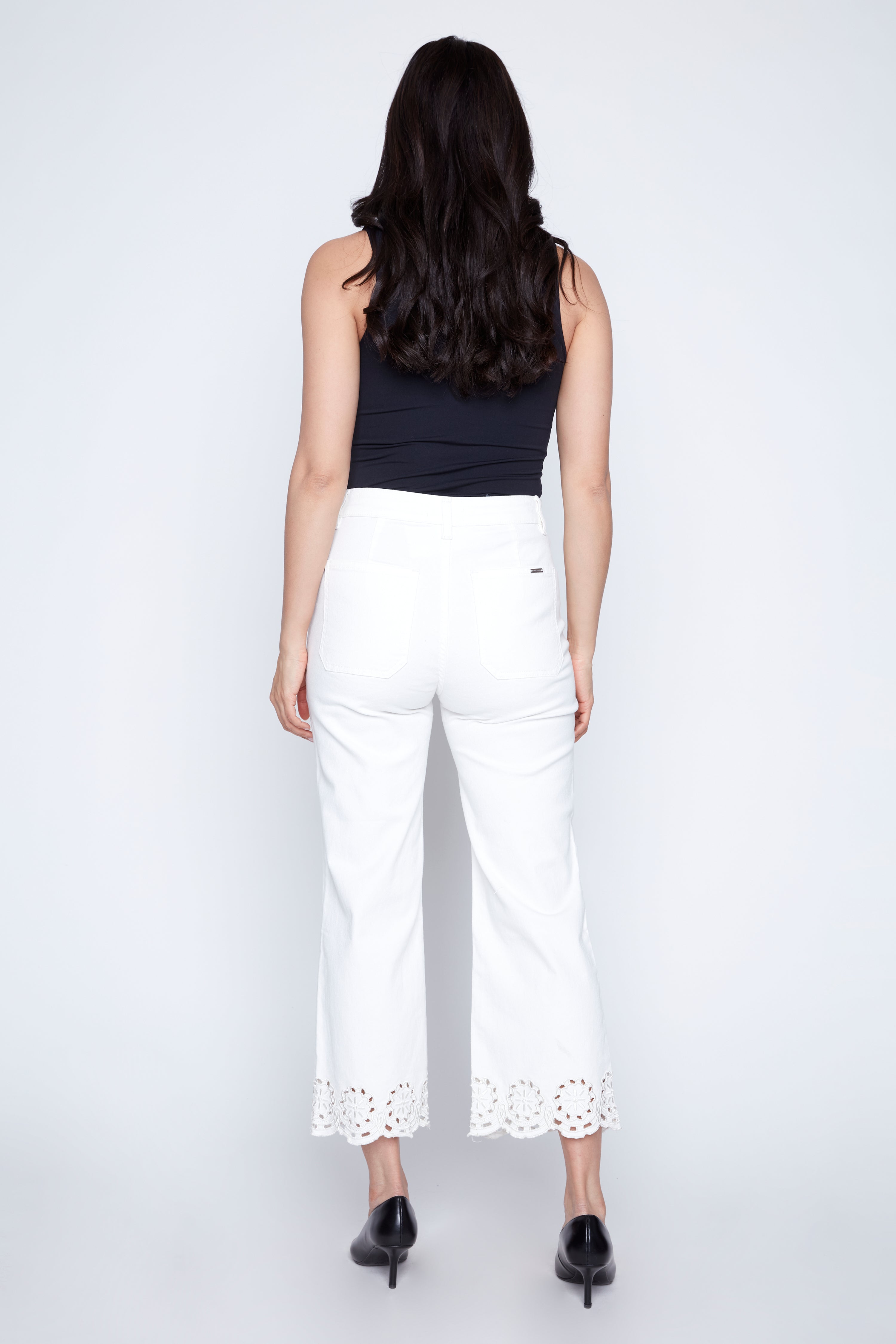 Flare leg eyelet embroidery hem jean