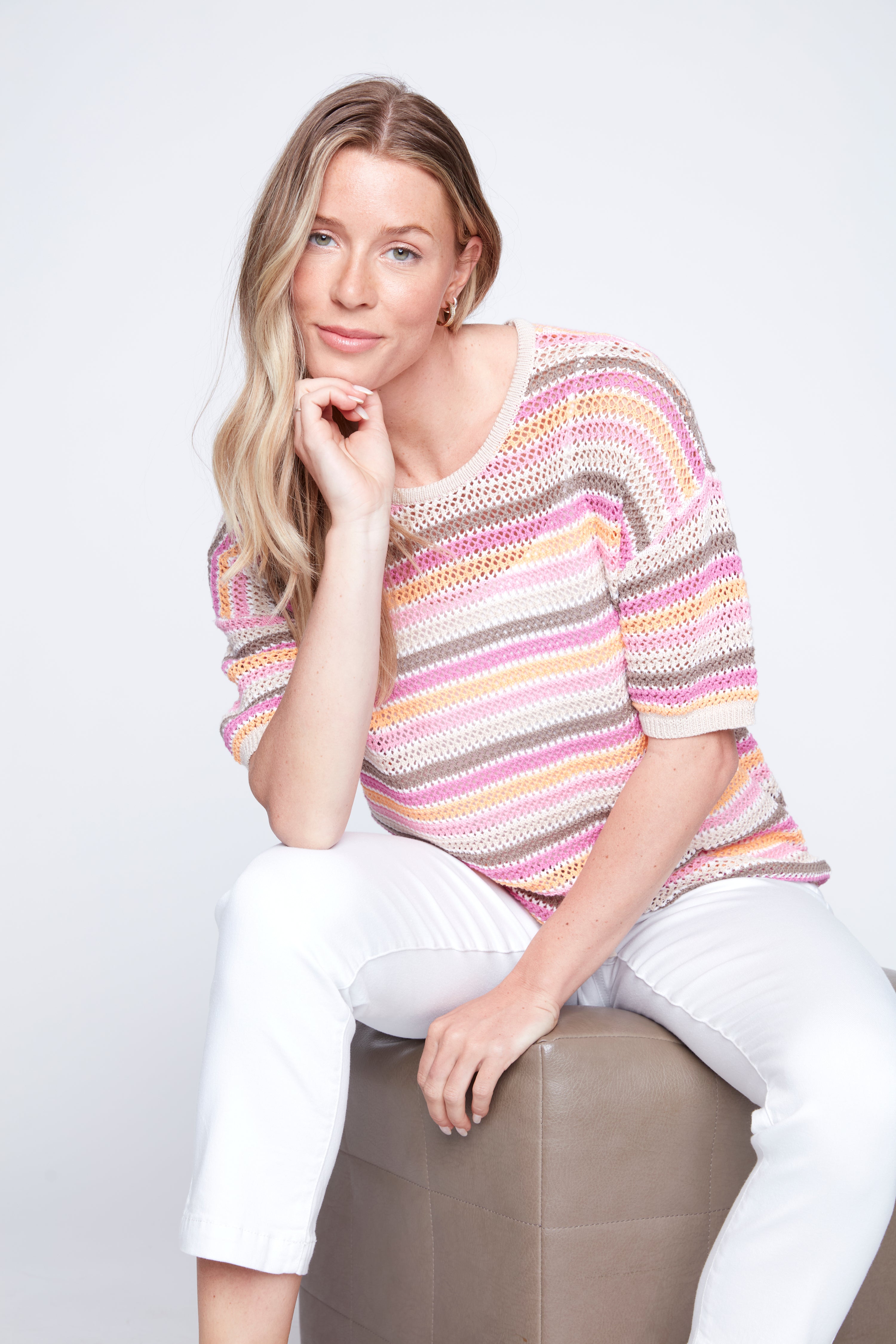 Stripe cotton top with drawstring hem