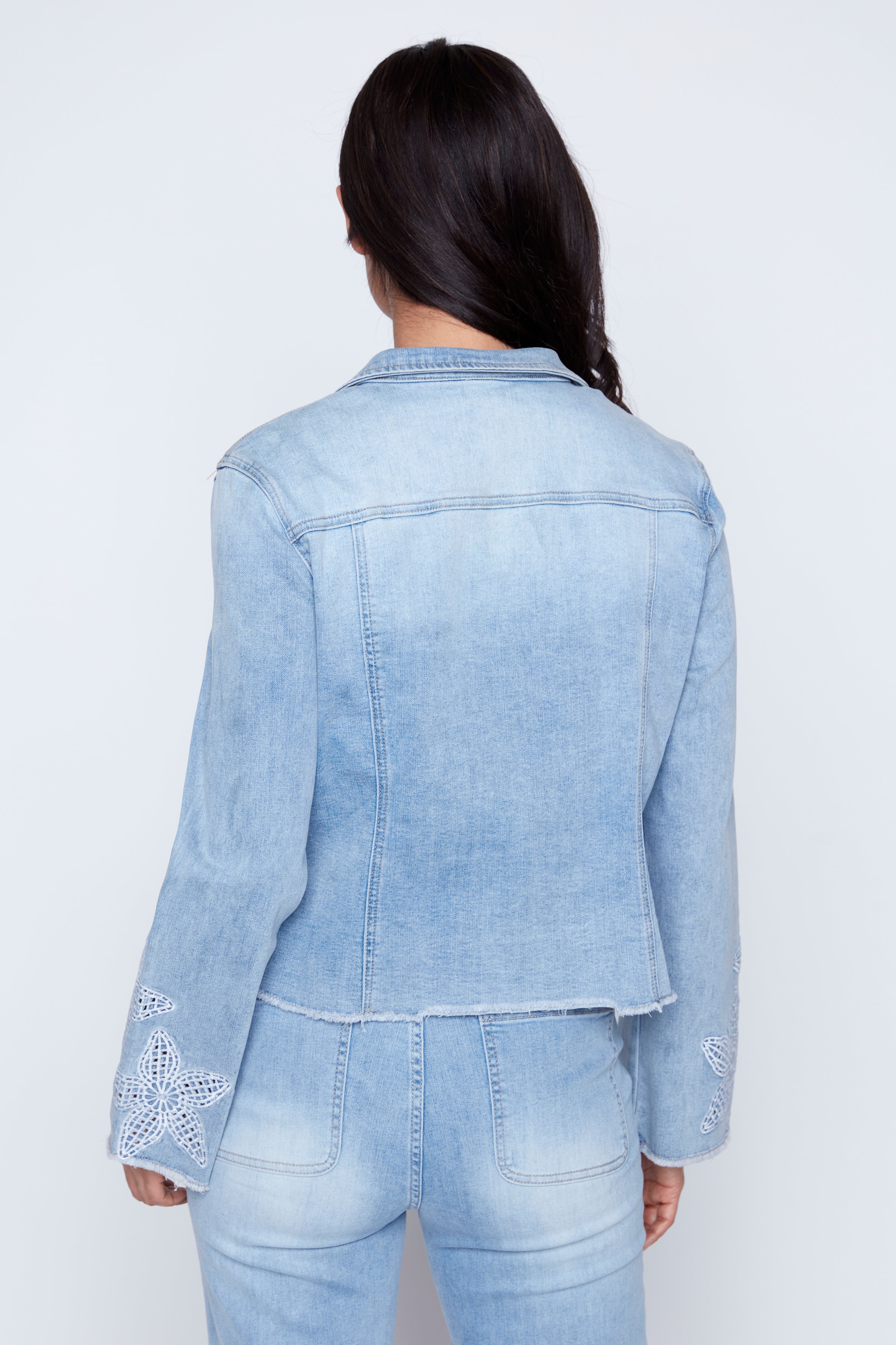 Floral embroidery crop jean jacket