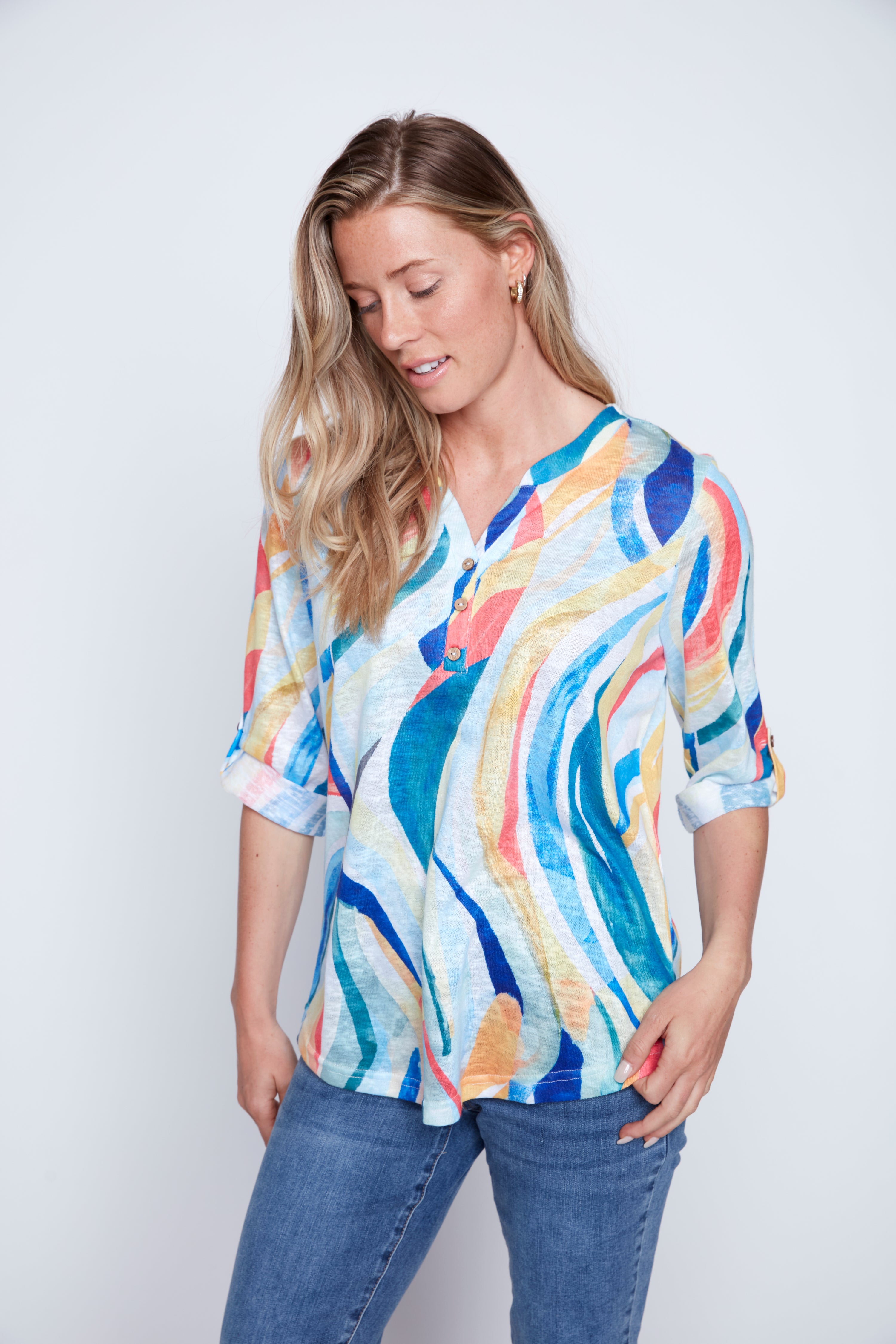 Abstract print Henley blouse