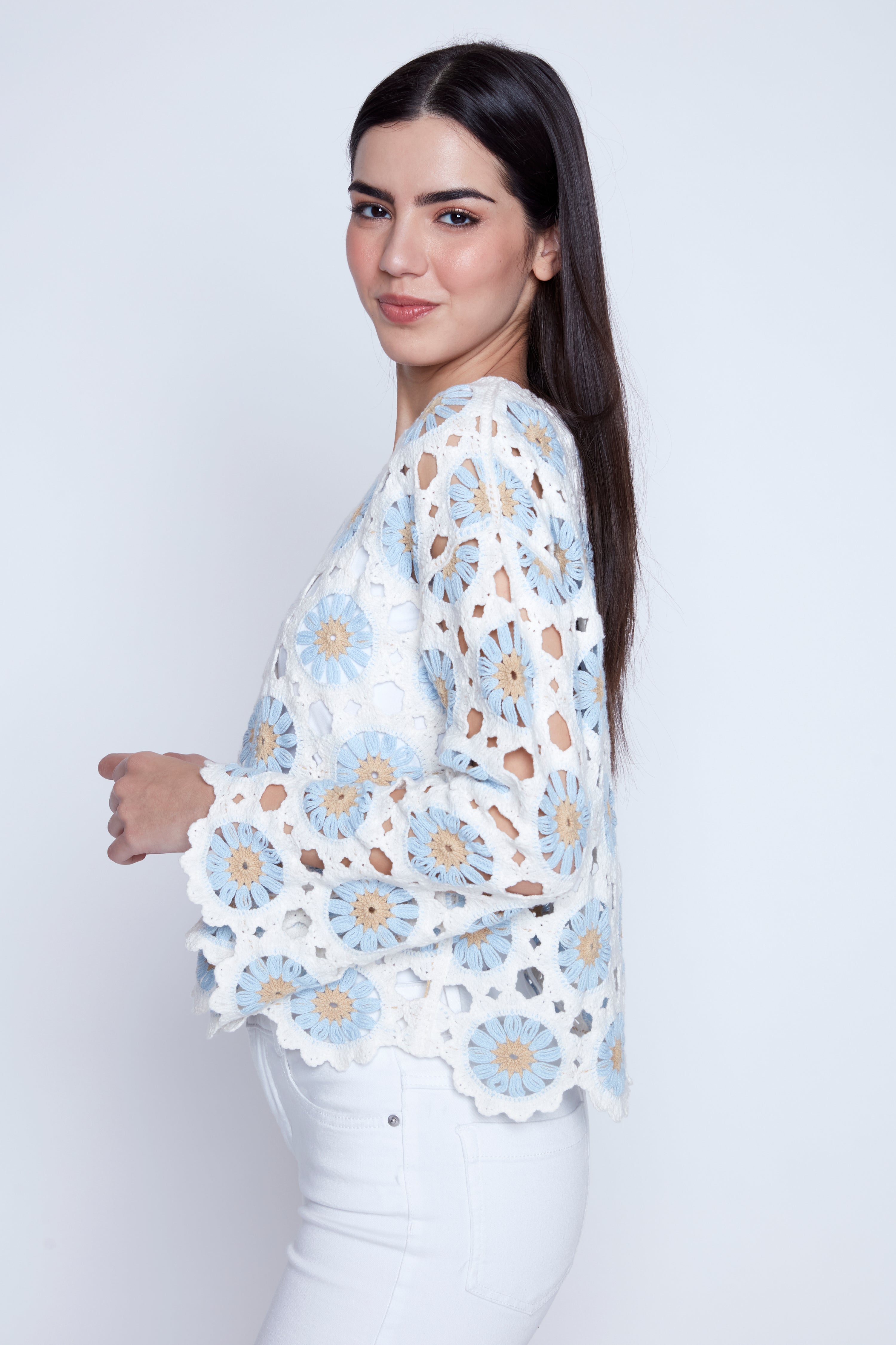 Bell sleeve geometric crochet top