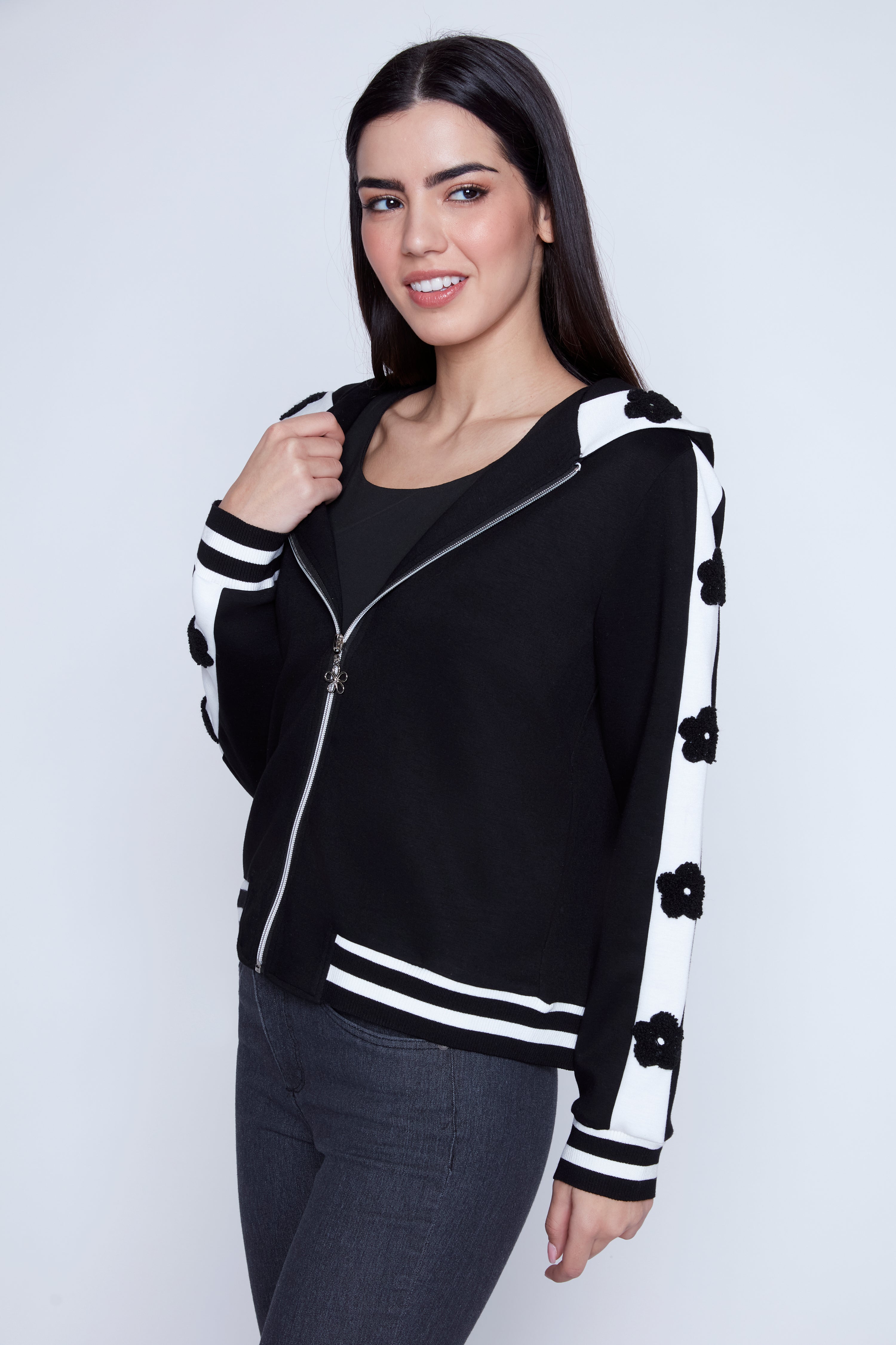 Flower applique hooded jacket