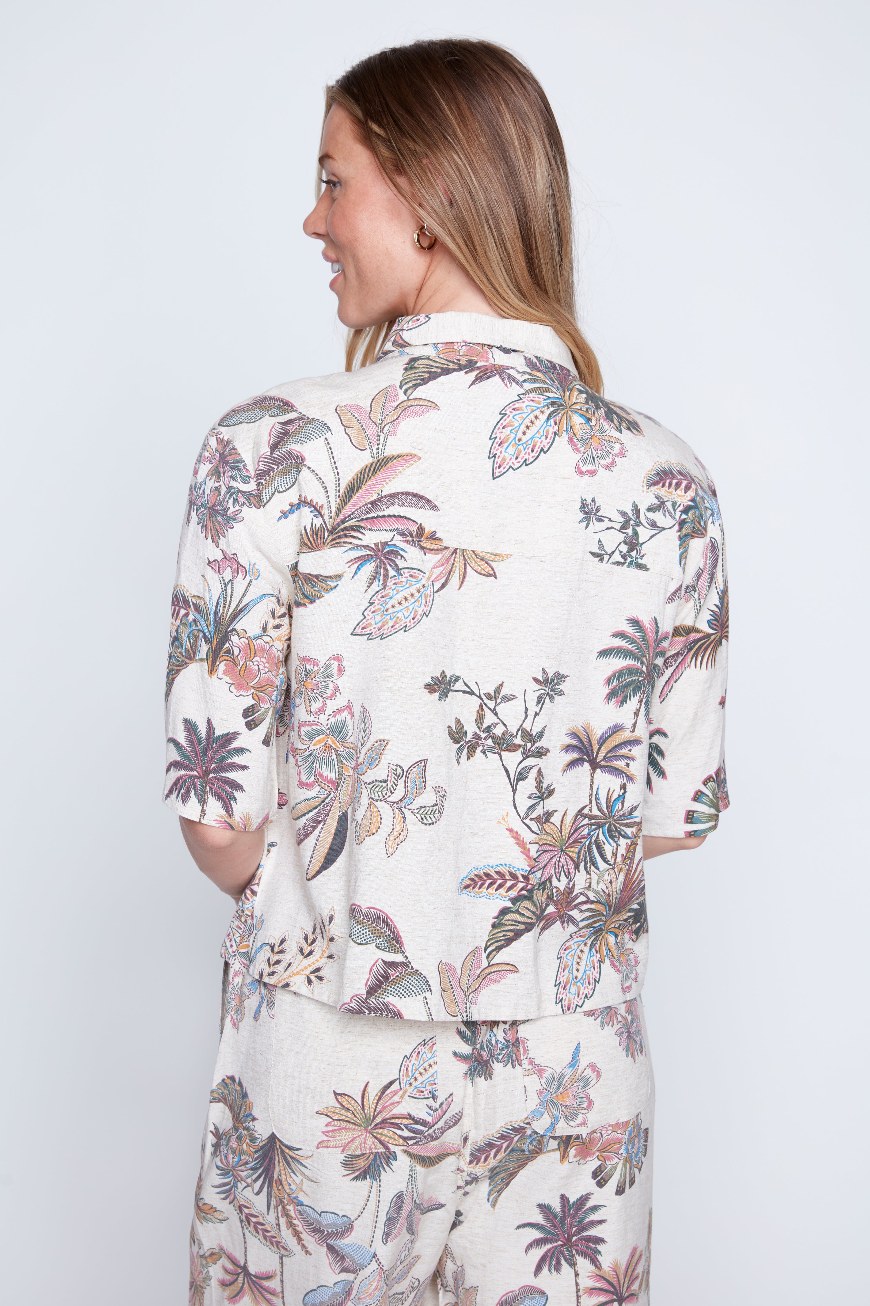 Printed cotton linen blend crop jacket