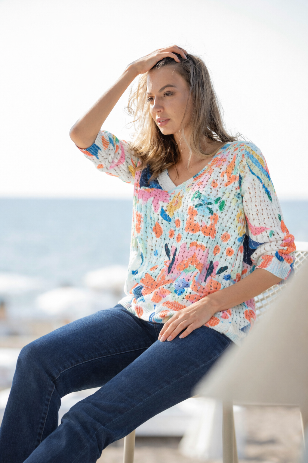 Multi color floral crochet sweater