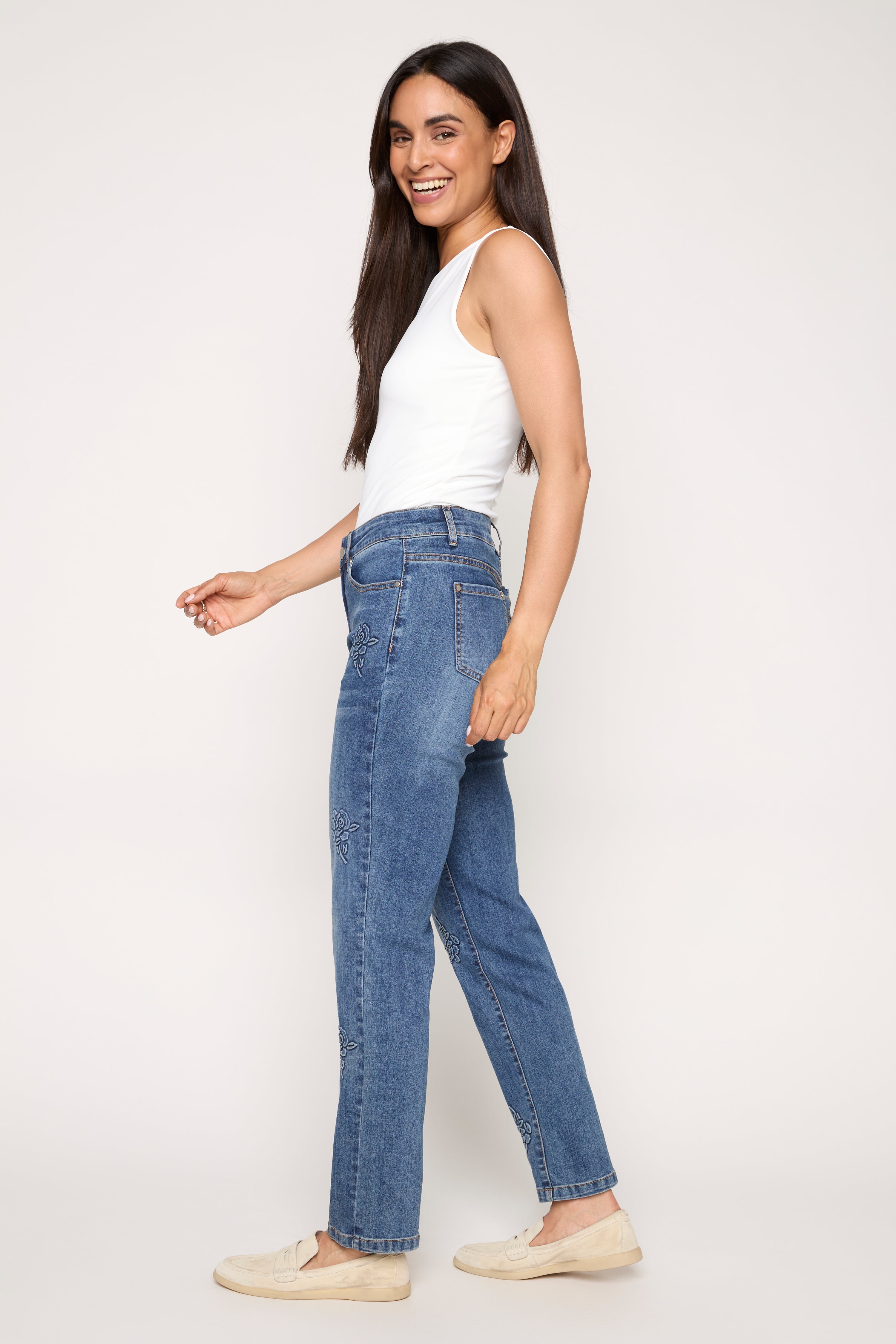 Embroidered Slim Leg Jean in denim
