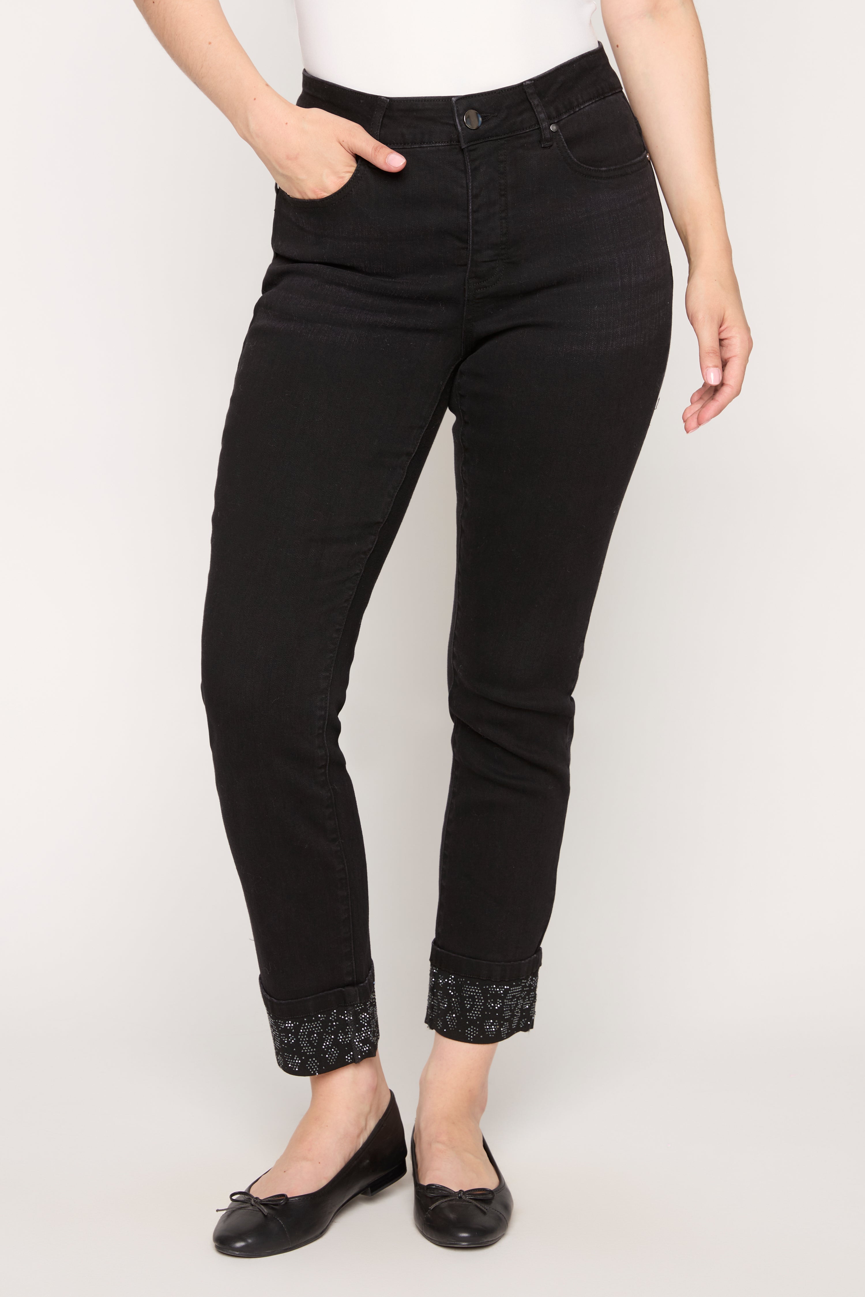 Embroidered Hem Slim Leg Jean in black