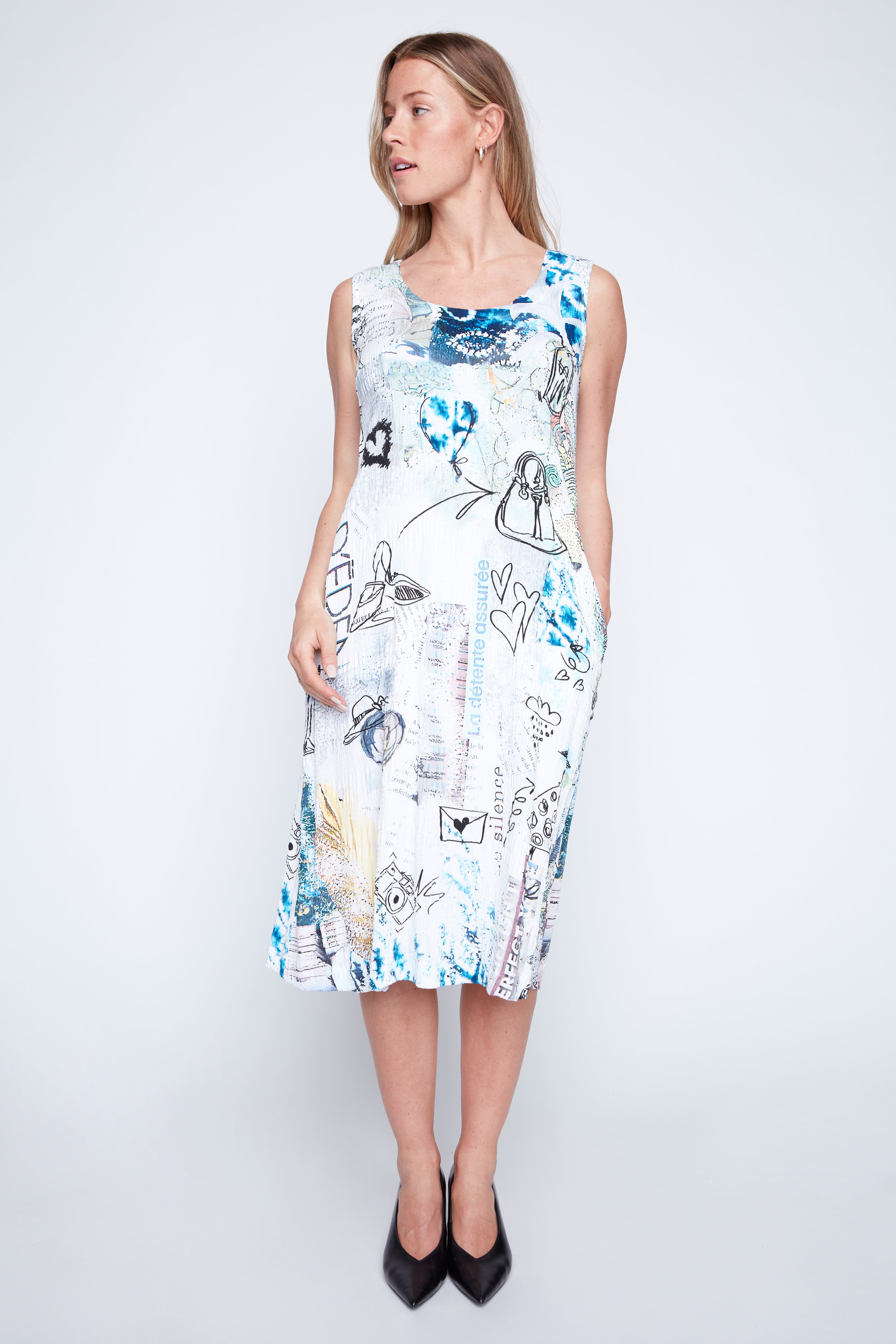 A-line newspaper print crinkle dress