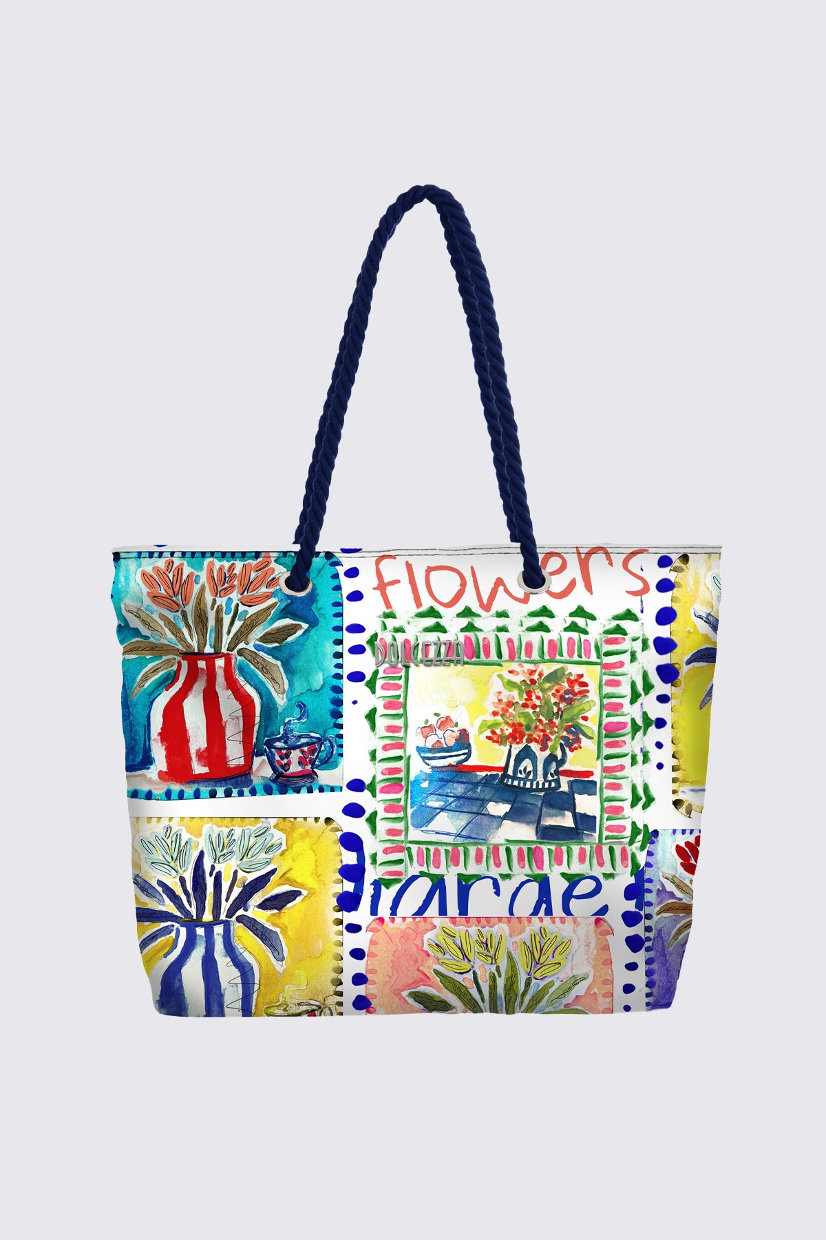 Floral tiles print beach bag