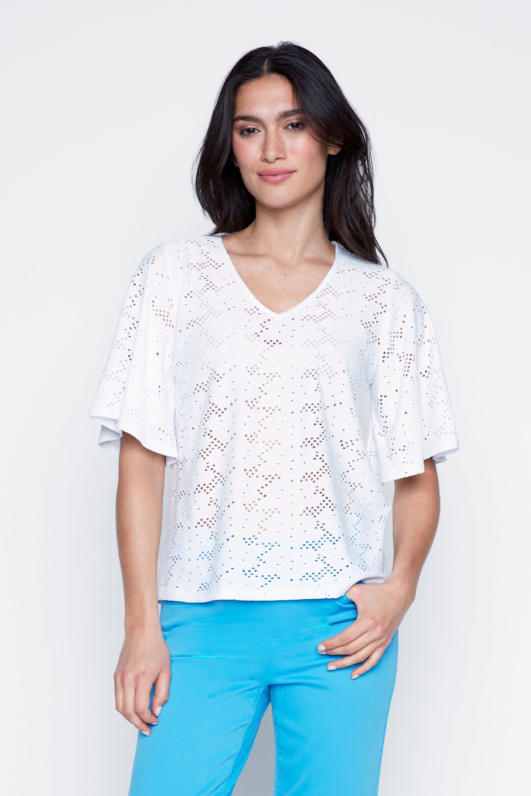 Flutter sleeve eyelet top