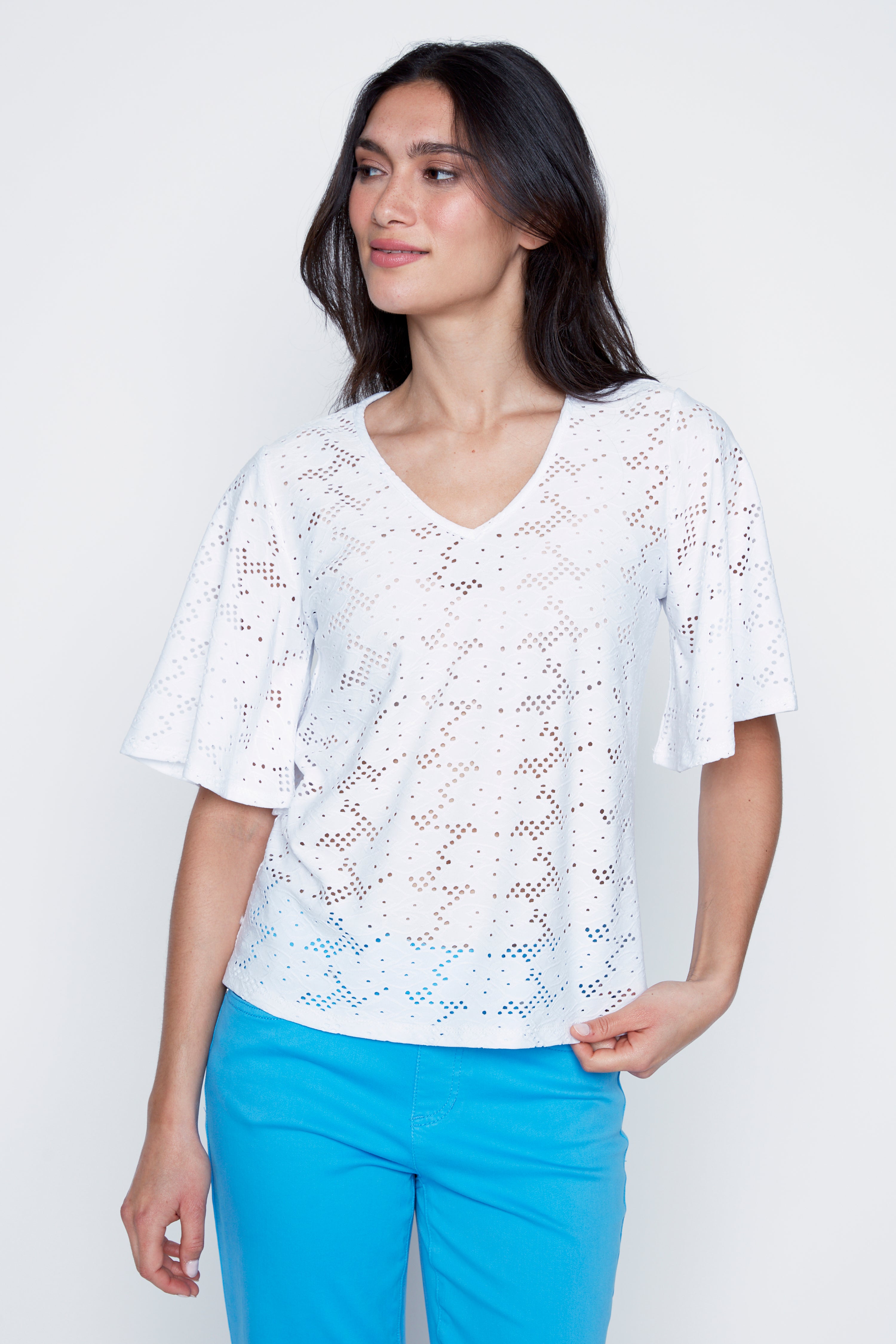 Flutter sleeve eyelet top