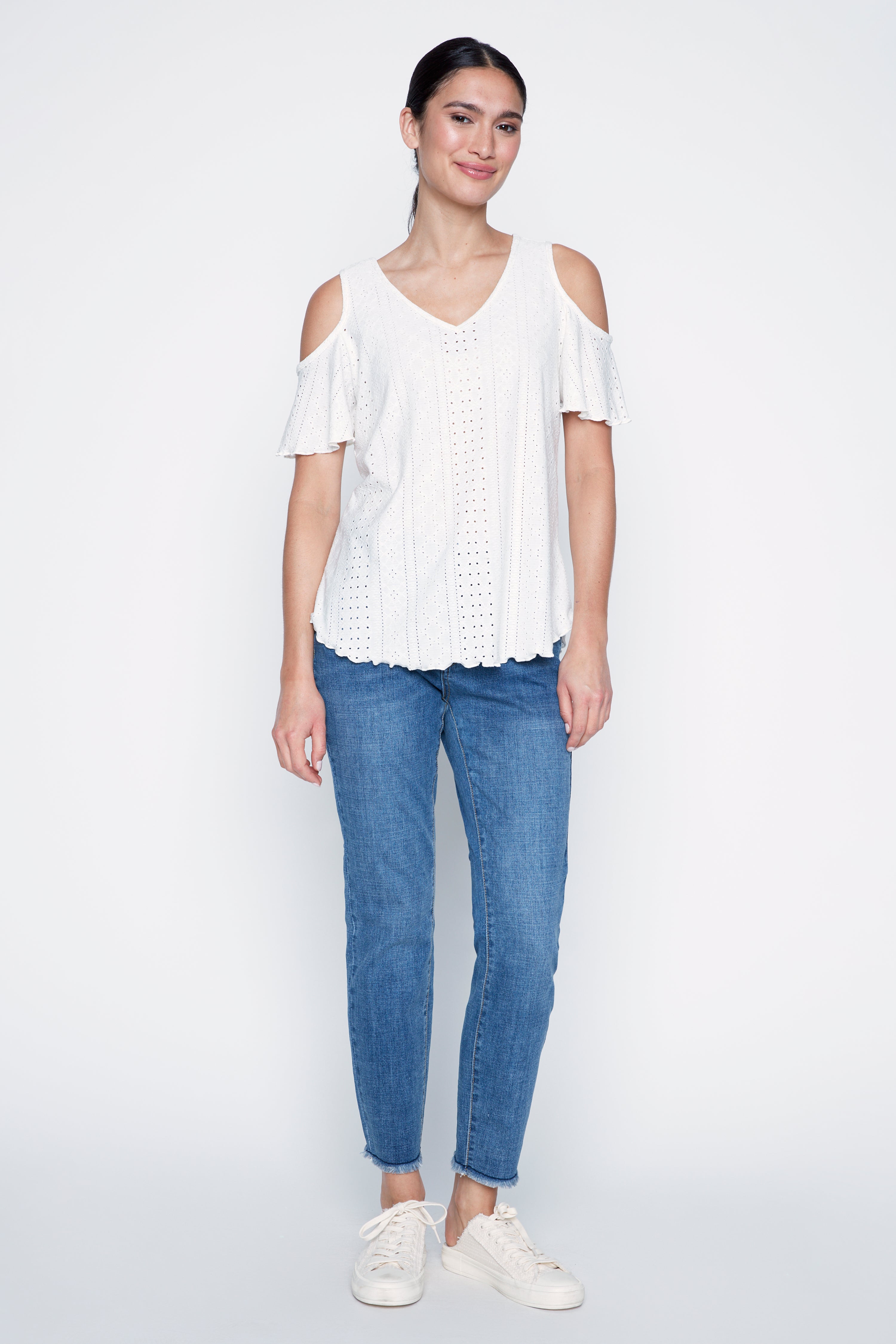 Cold shoulder eyelet top