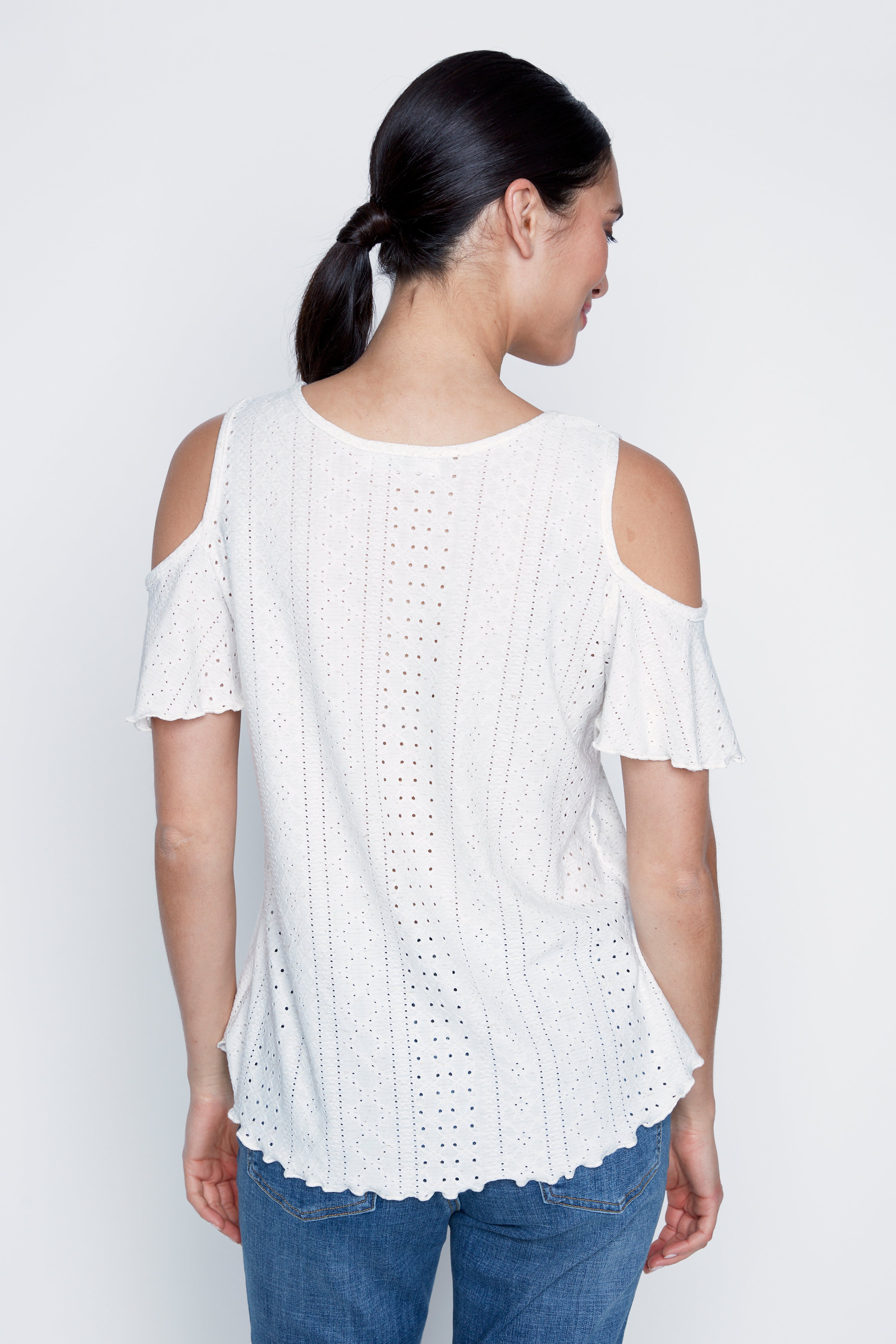 Cold shoulder eyelet top