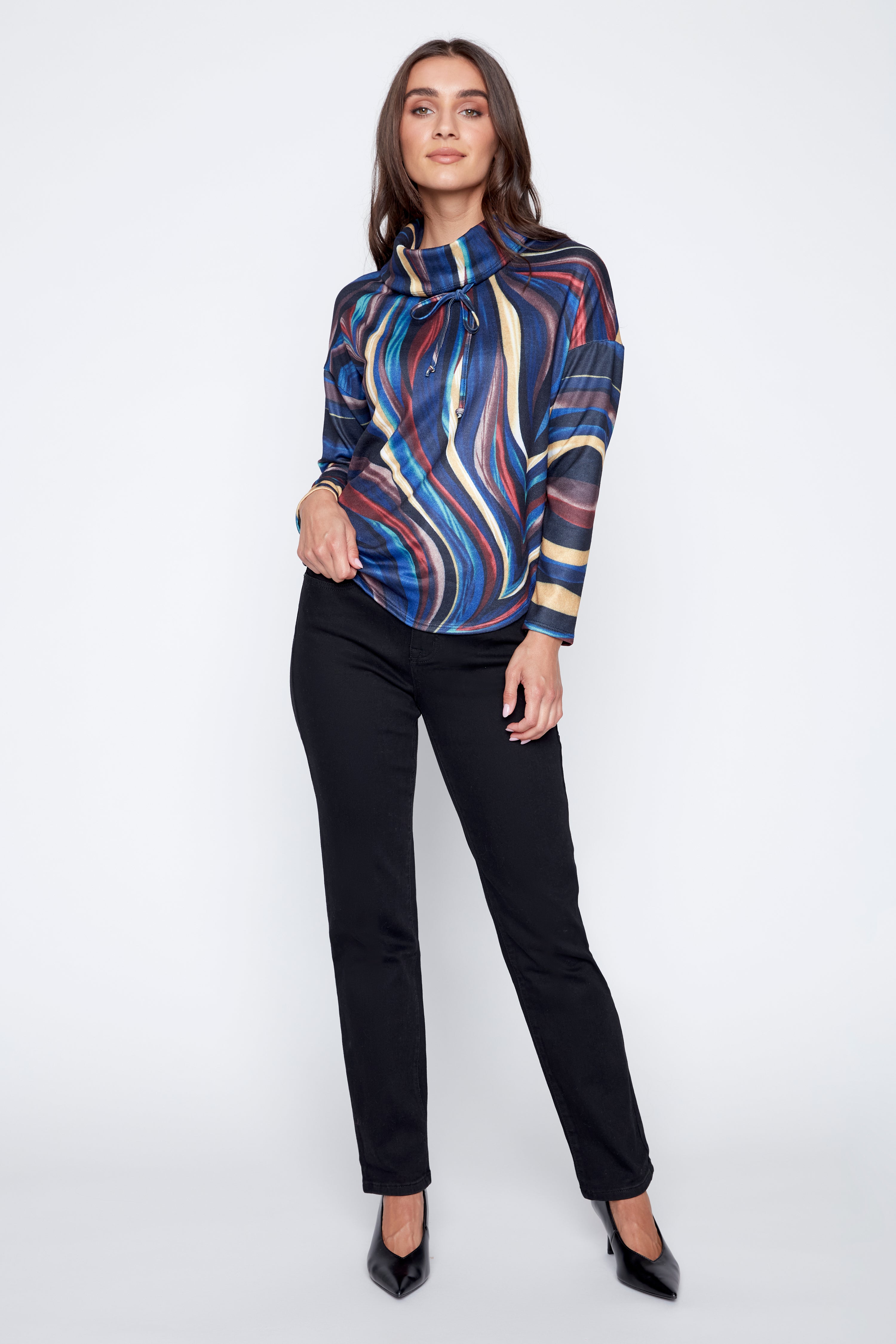 Abstract print cowl neck top