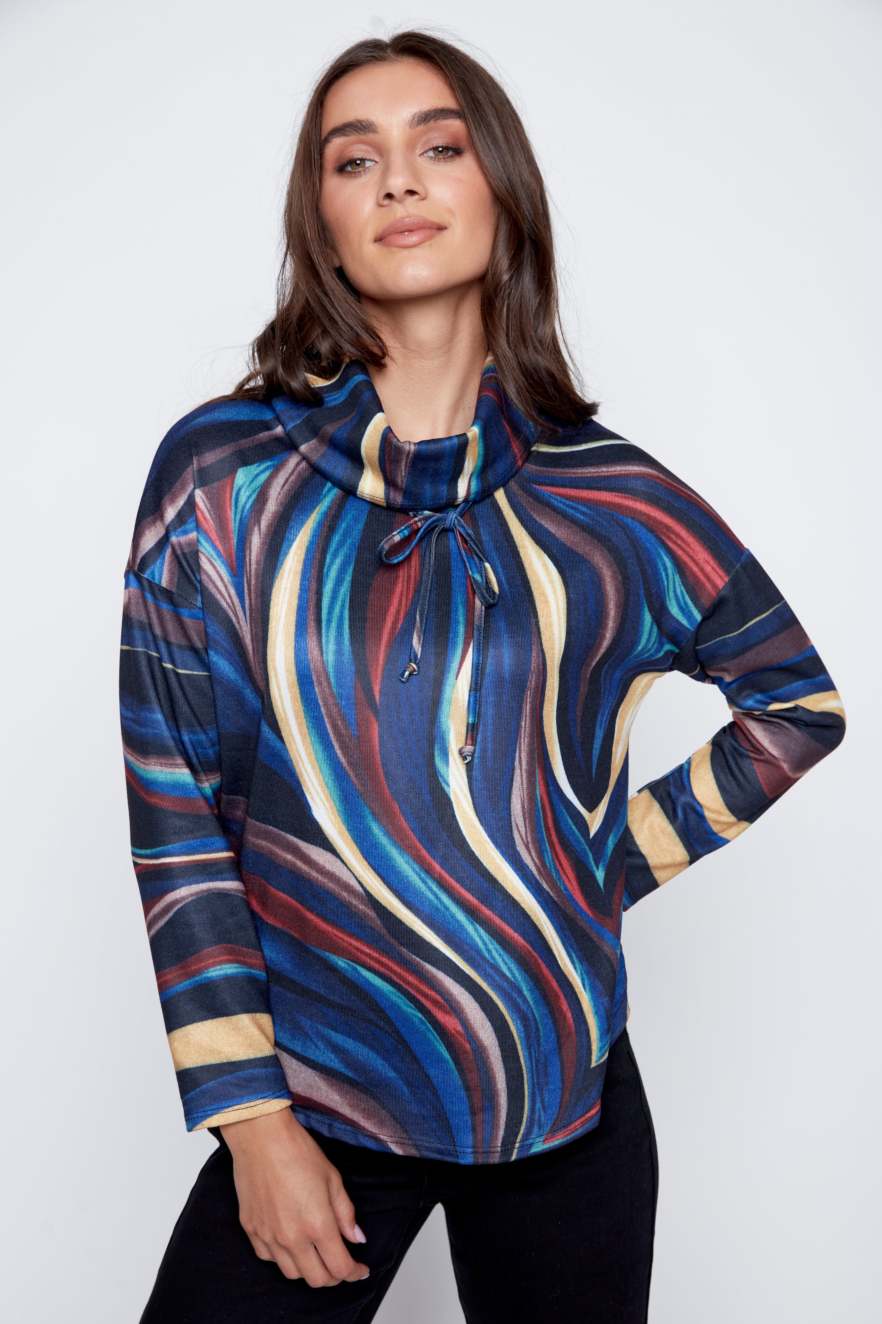 Abstract print cowl neck top