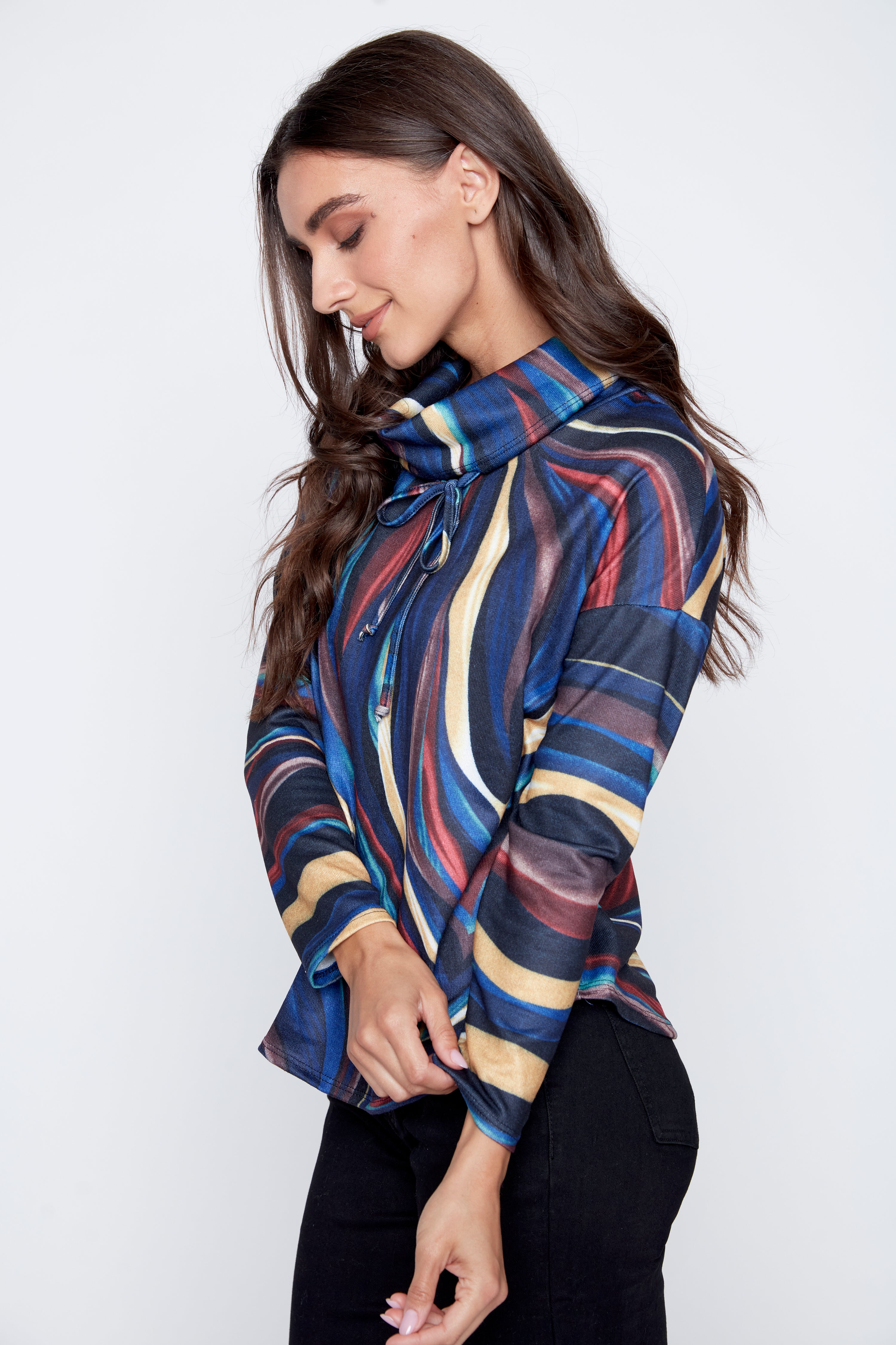 Abstract print cowl neck top