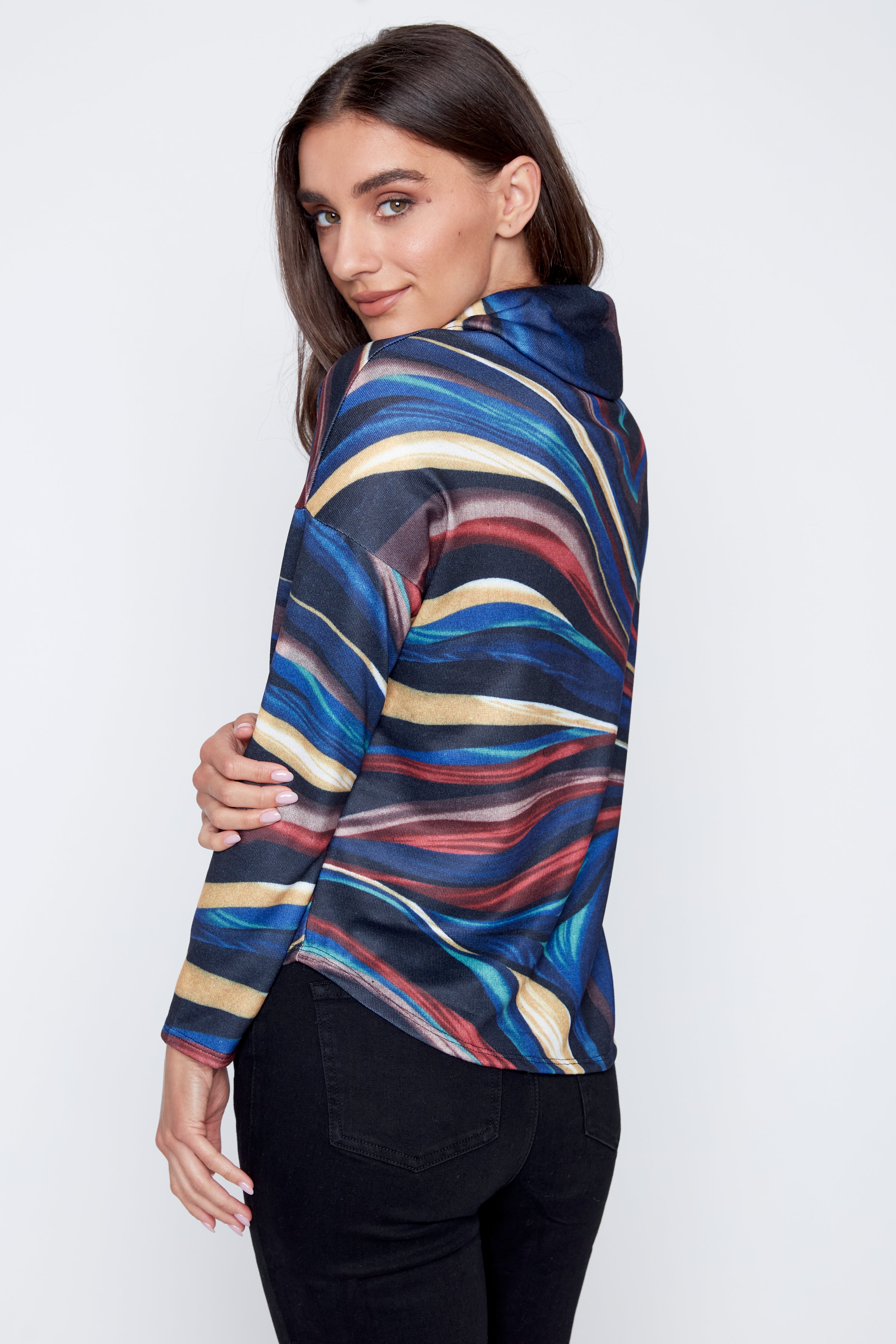 Abstract print cowl neck top