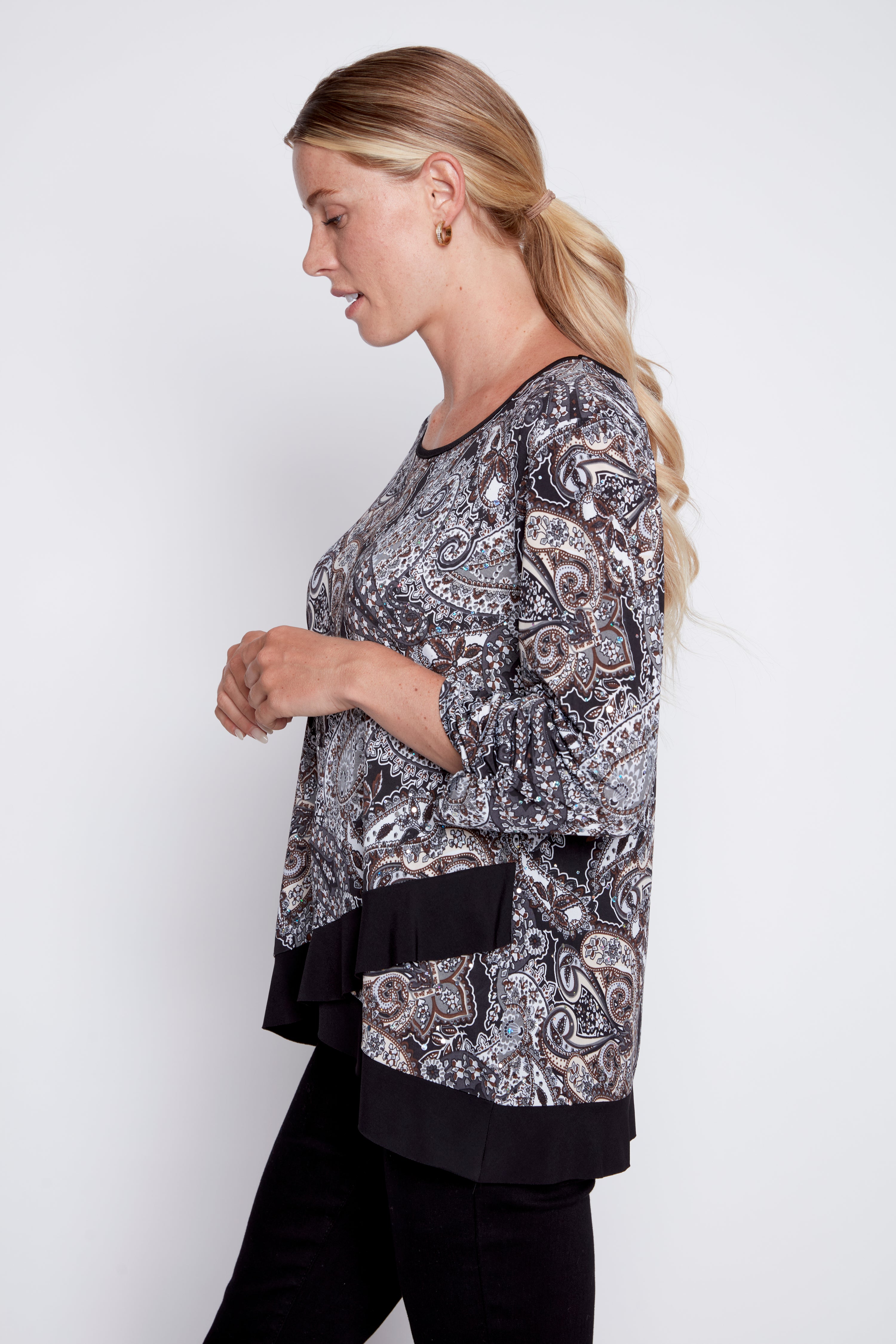 Chiffon trim paisley sequin top