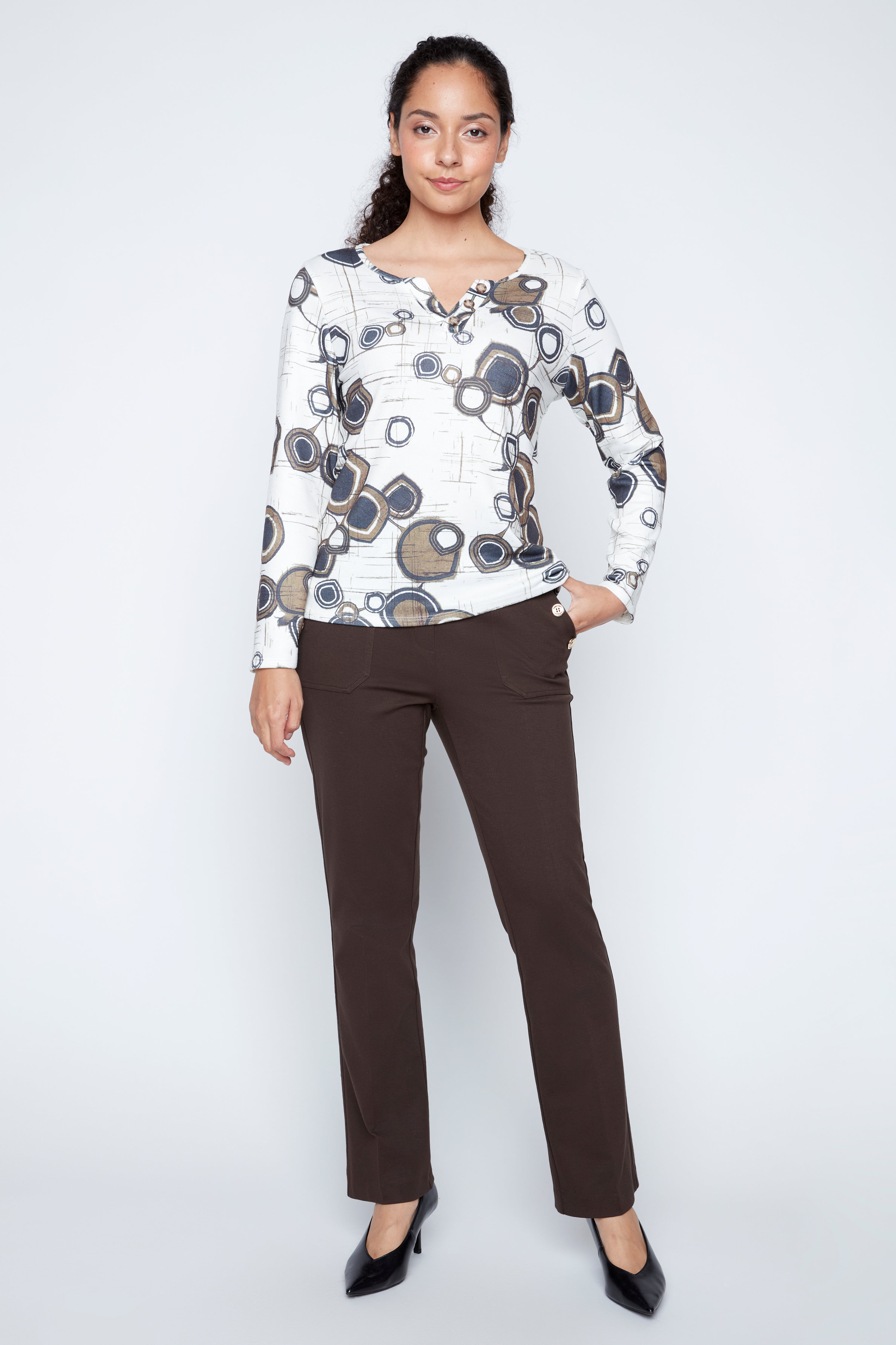 Printed split neck top with button detail