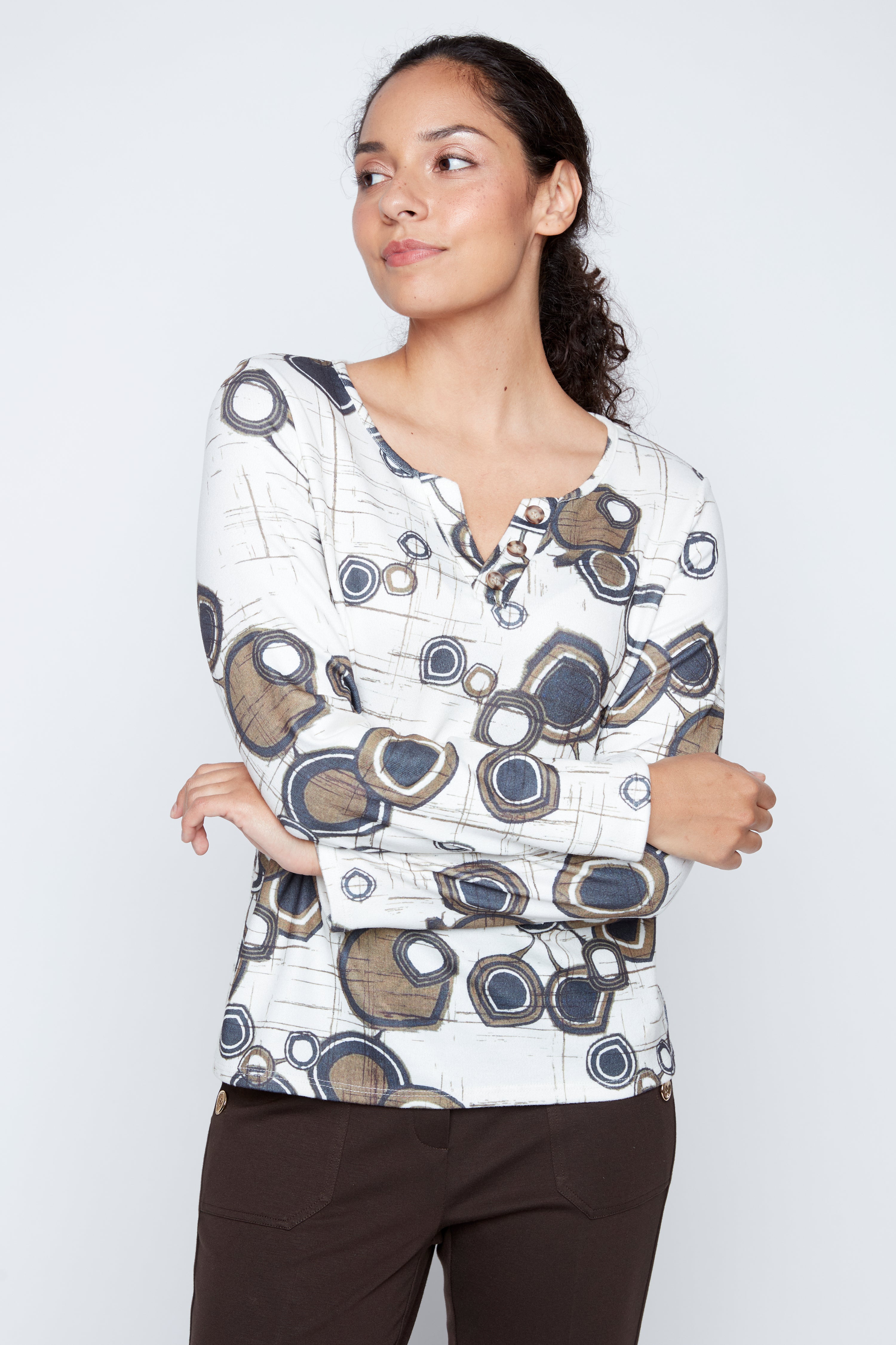 Printed split neck top with button detail