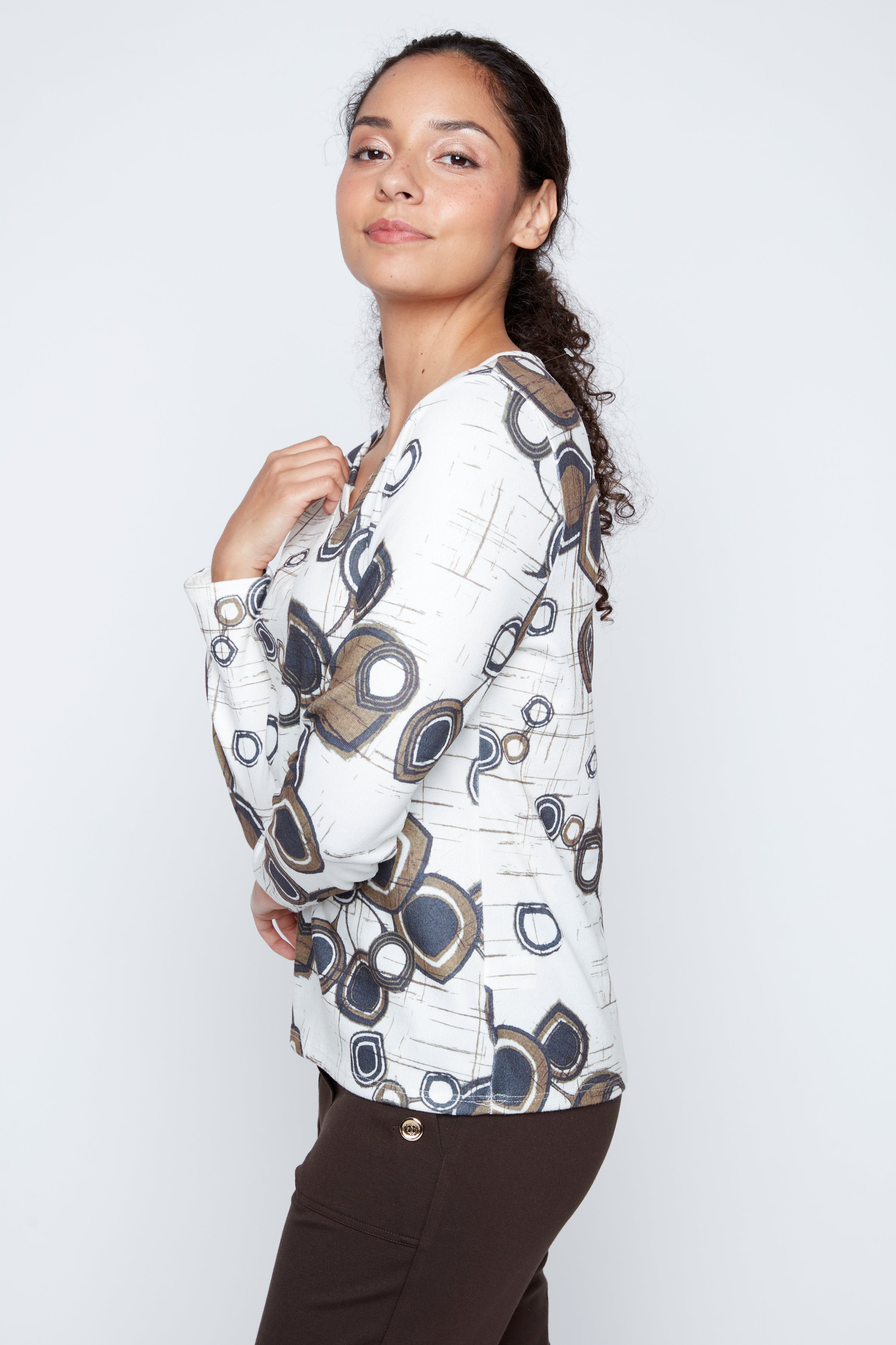 Printed split neck top with button detail