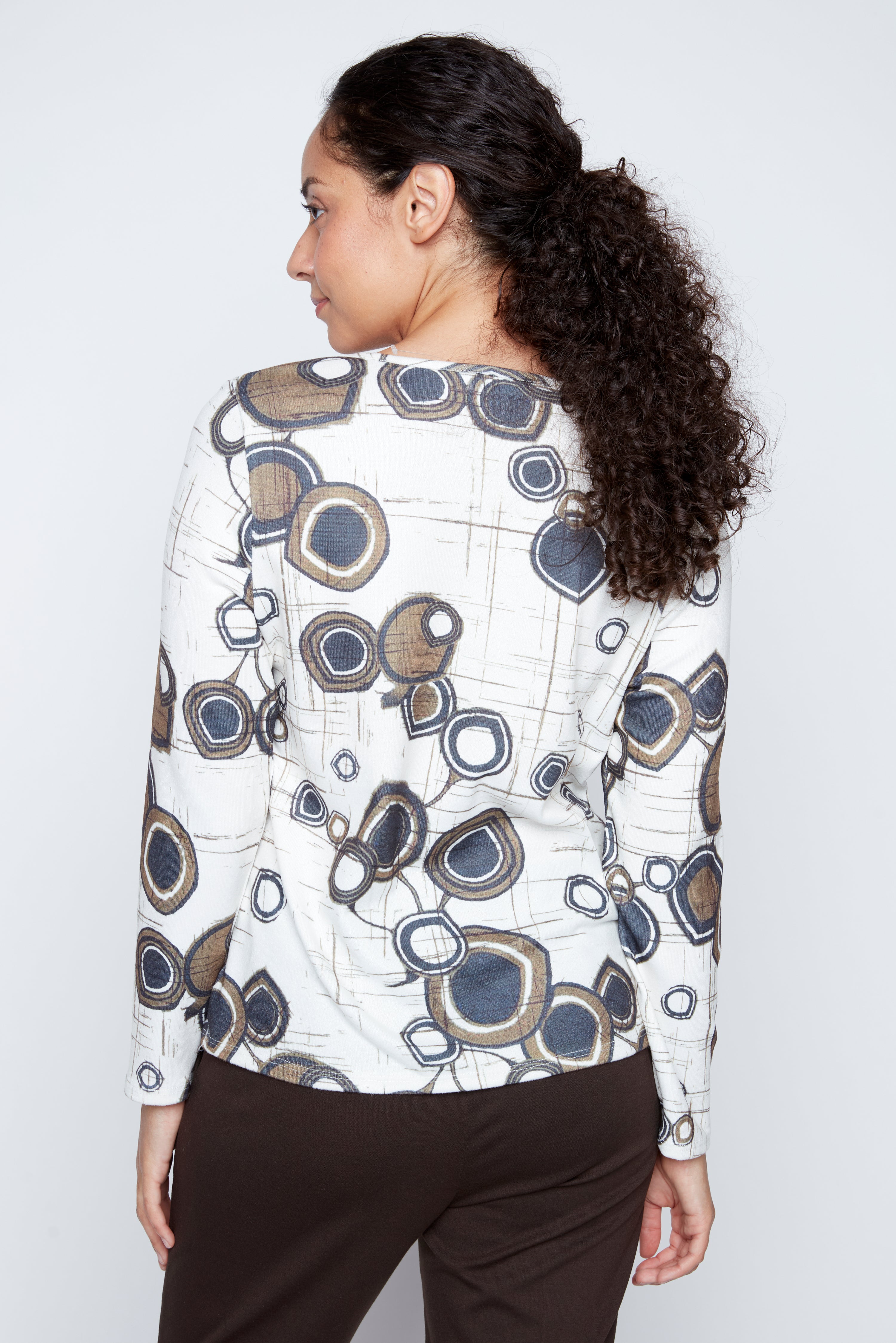 Printed split neck top with button detail