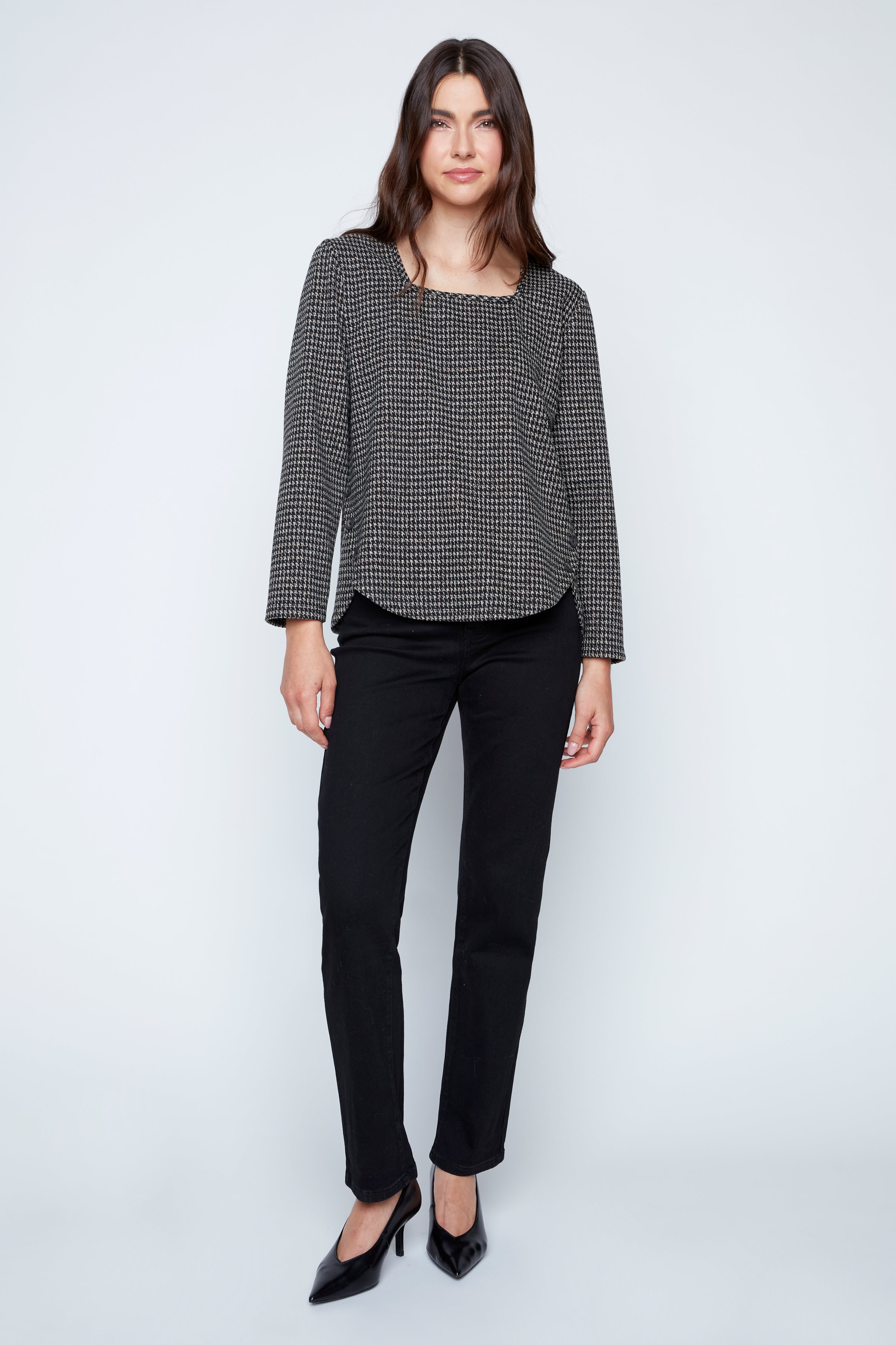 Houndstooth print top with button detail