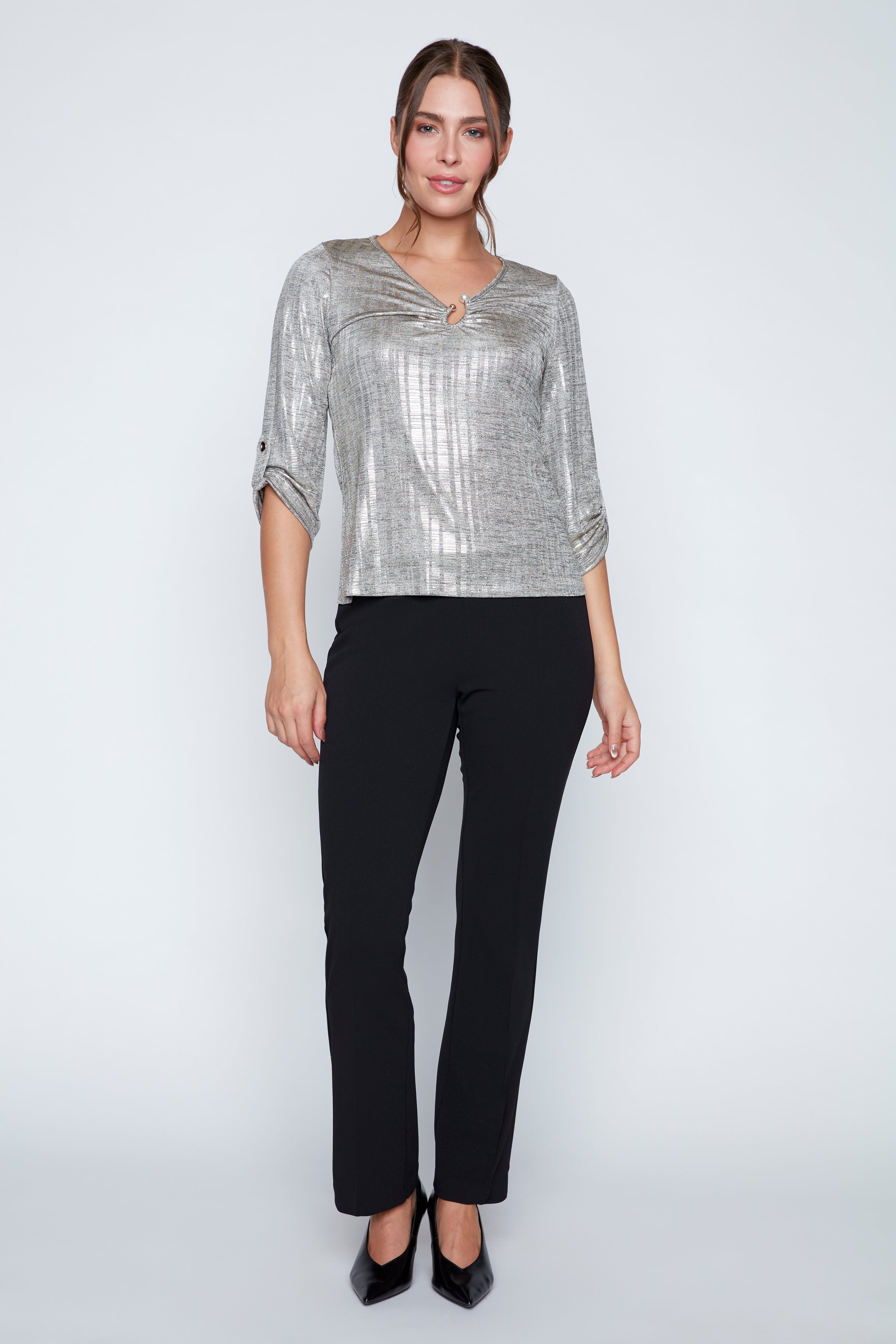 Pearl buckle foil knit top