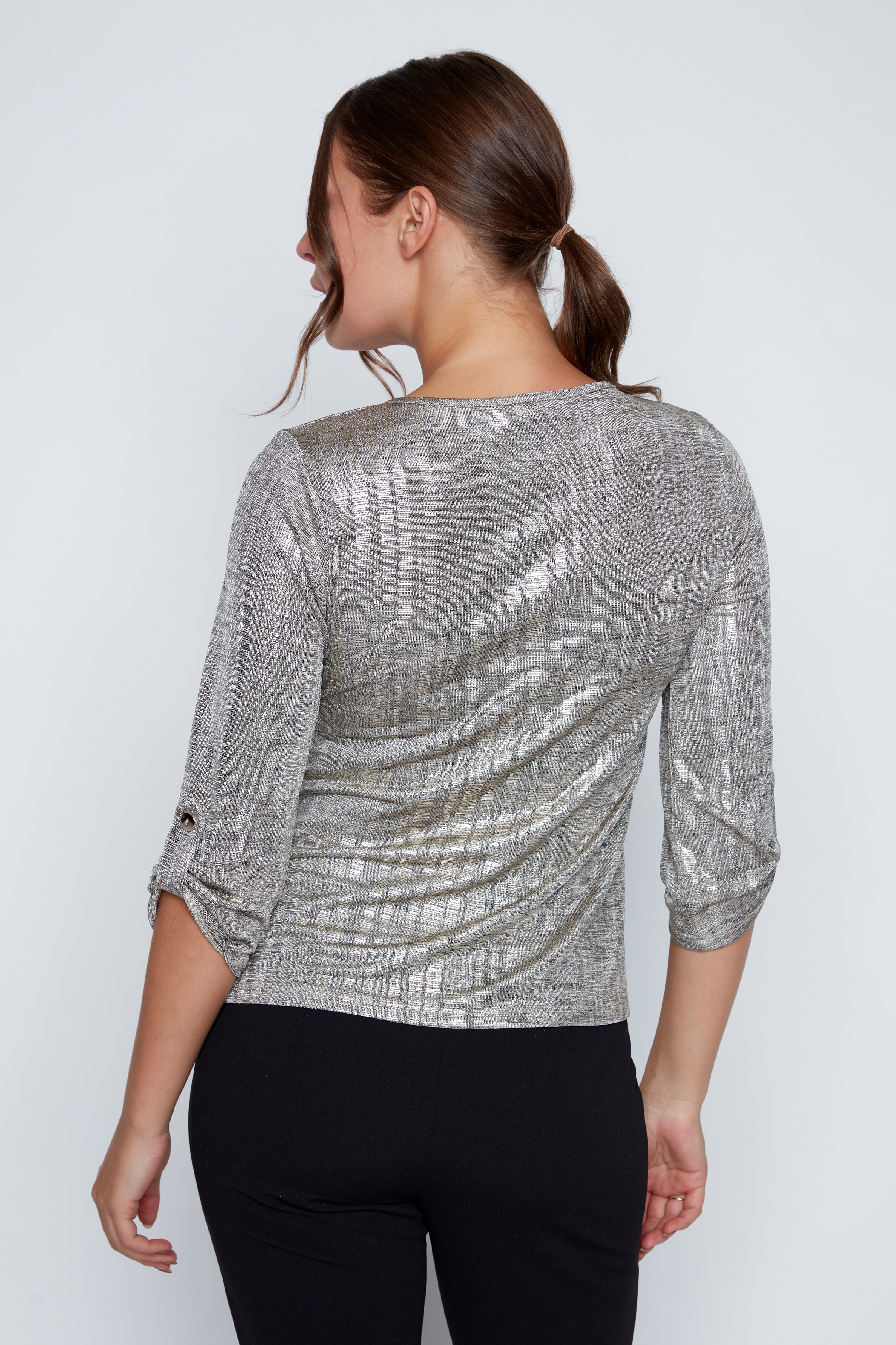 Pearl buckle foil knit top