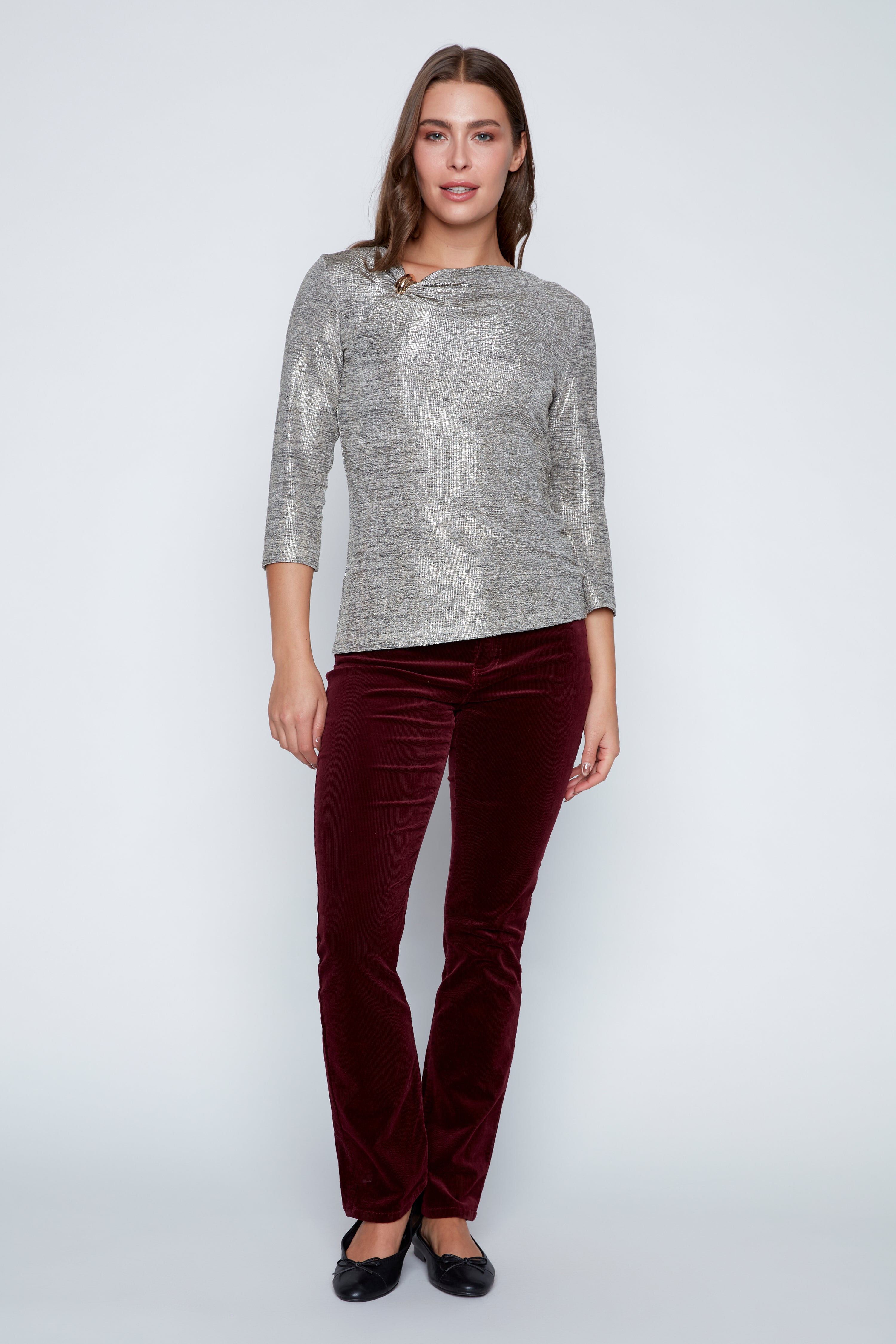 Asymmetric neck foil knit top