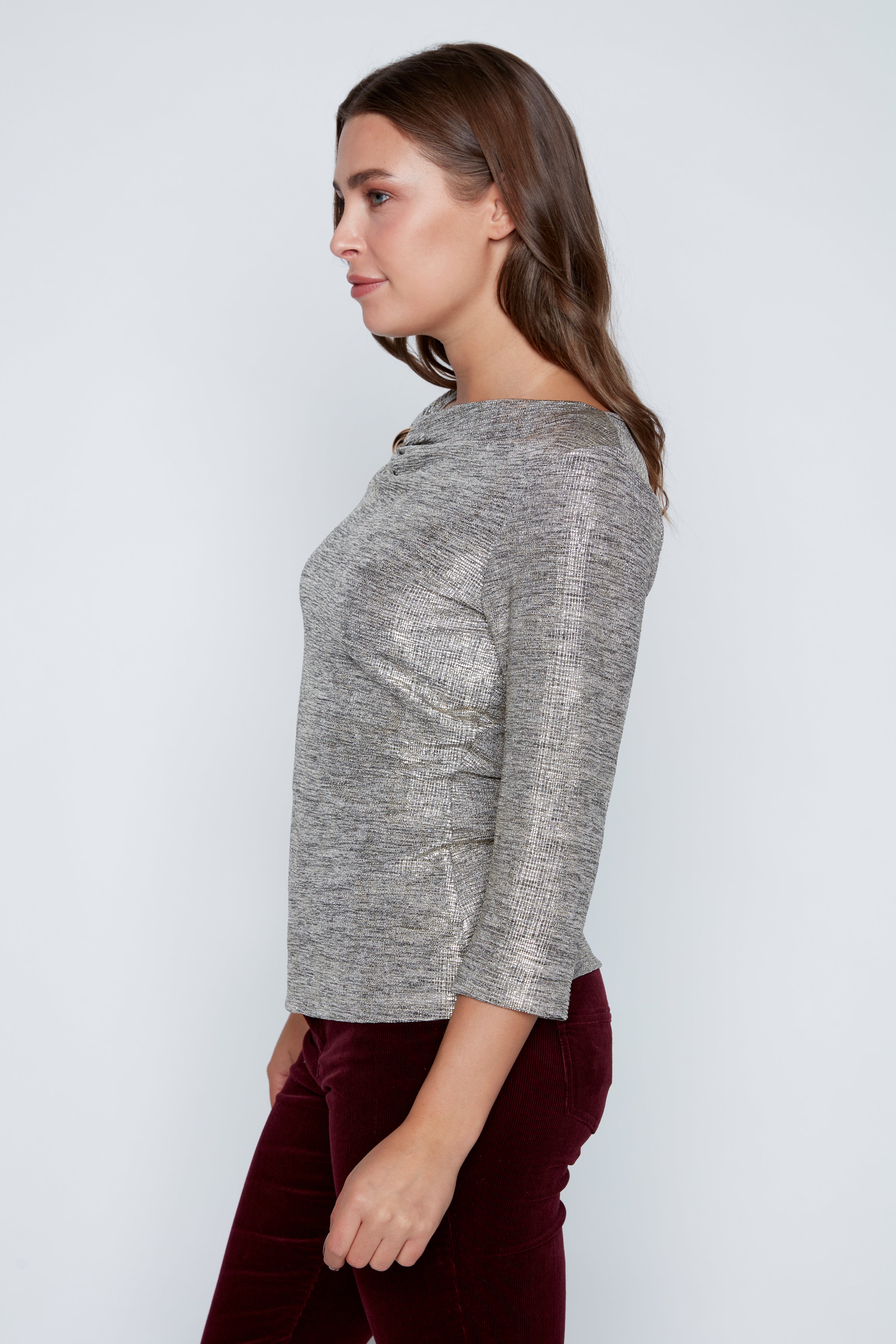 Asymmetric neck foil knit top