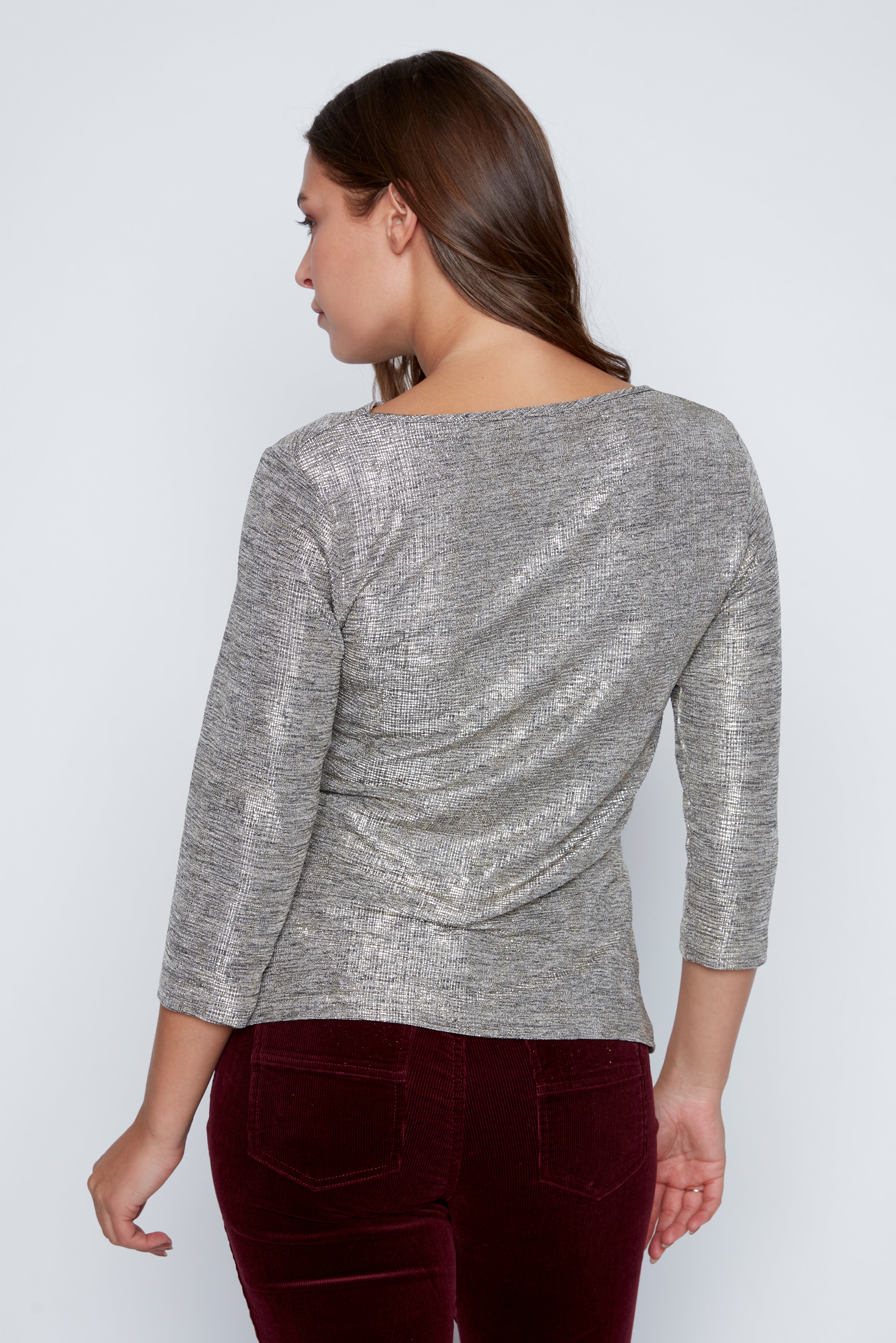 Asymmetric neck foil knit top