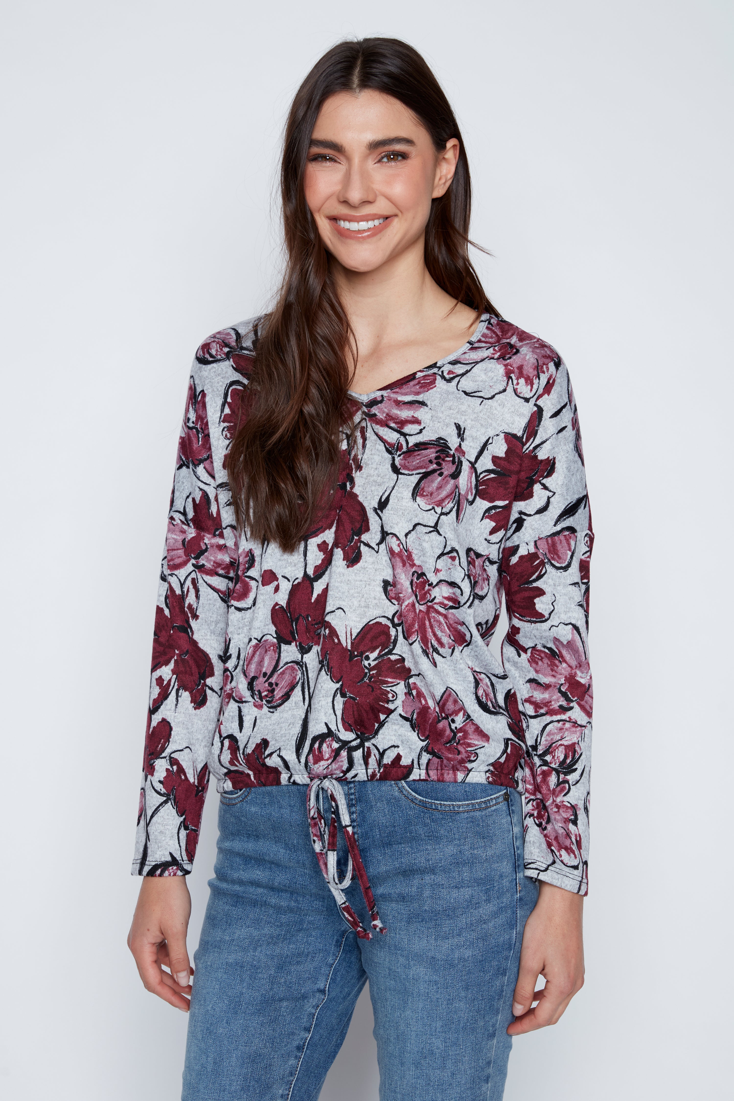 Floral print drawstring hem top