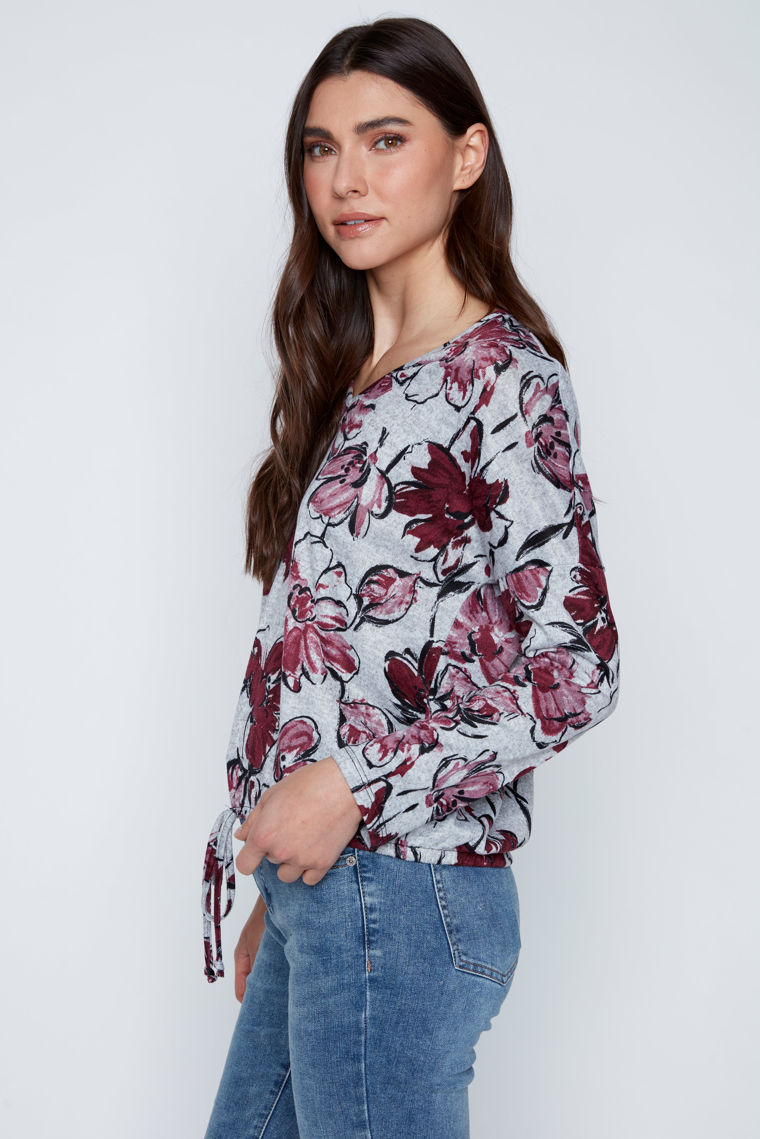 Floral print drawstring hem top