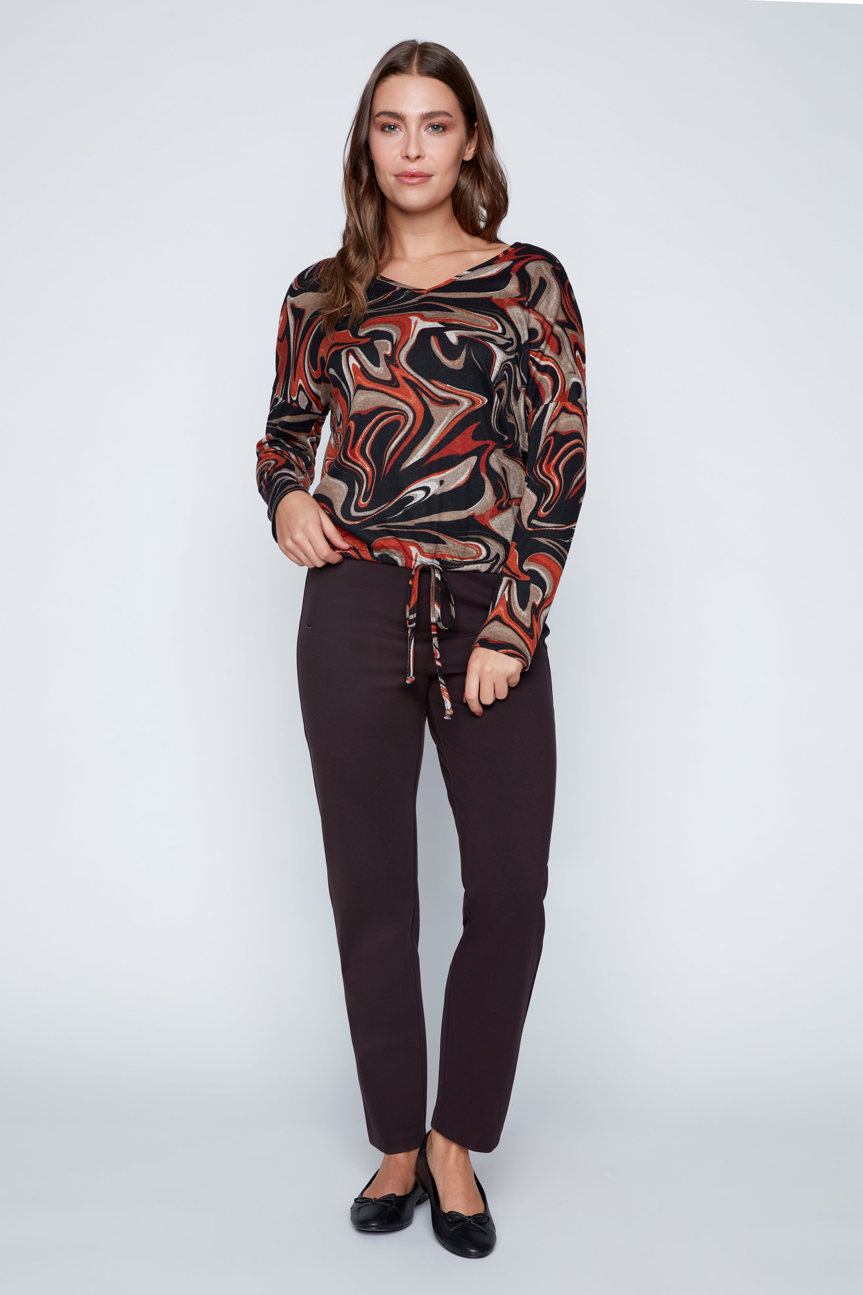 Abstract print drawstring hem top