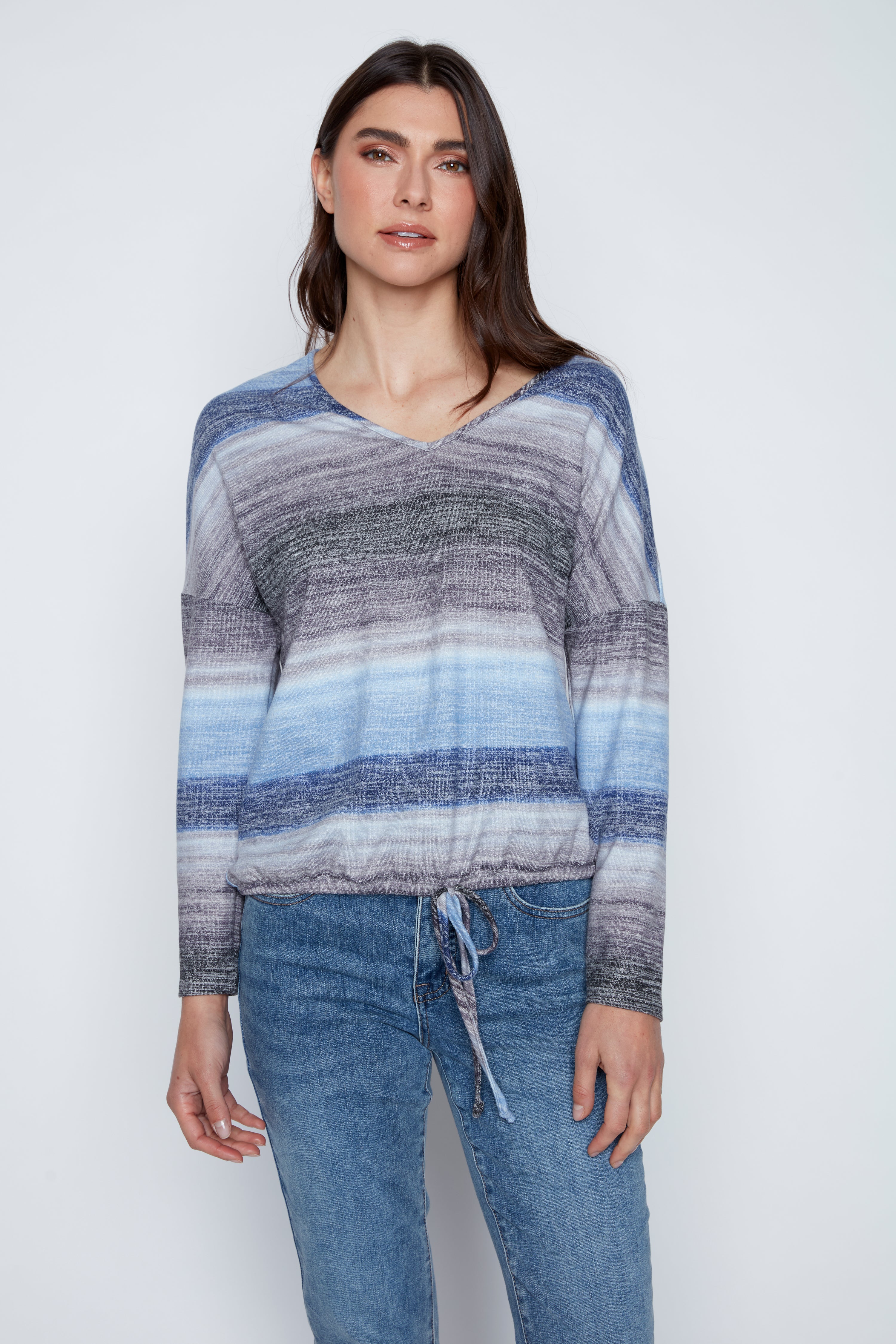 Stripe print drawstring hem top