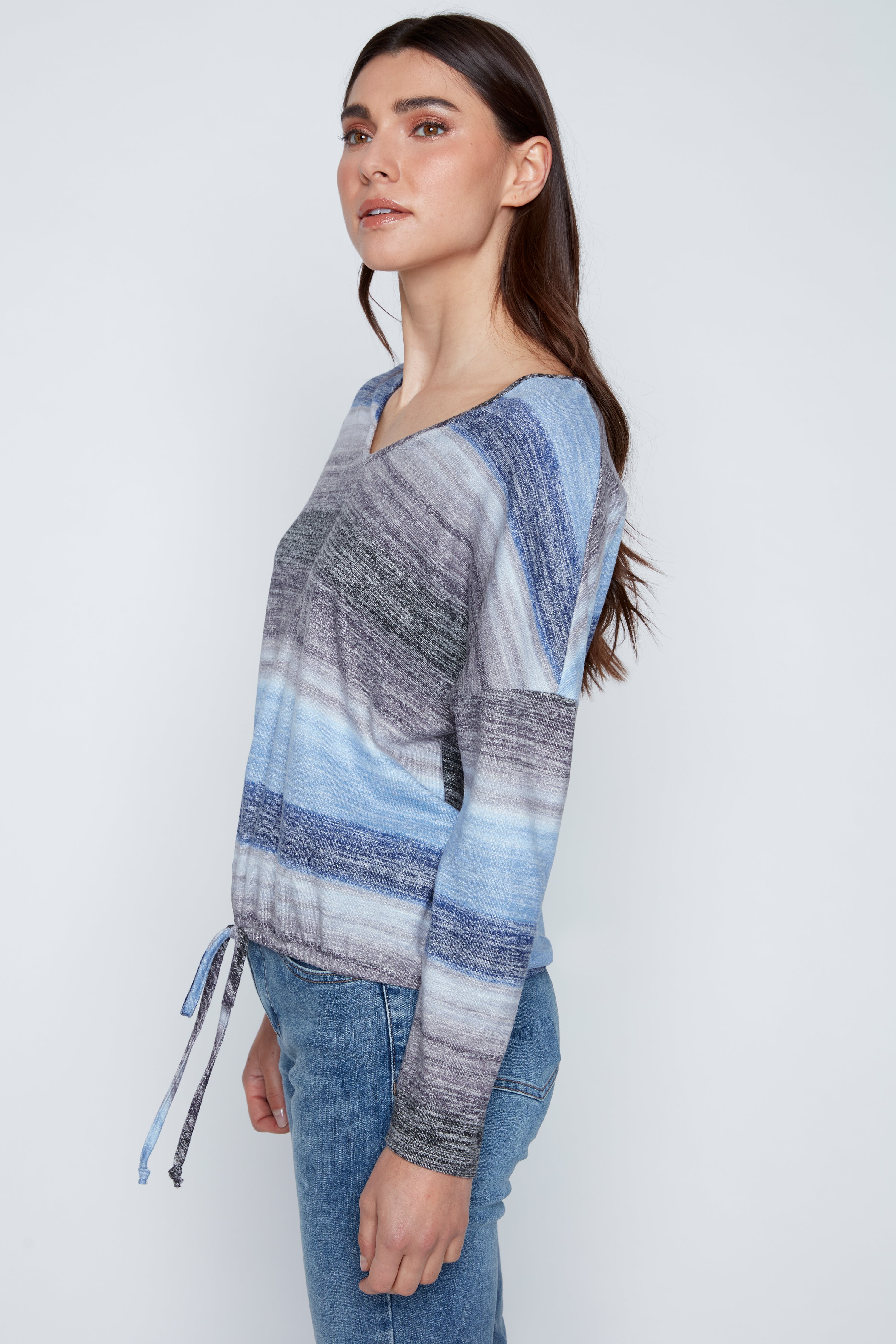 Stripe print drawstring hem top