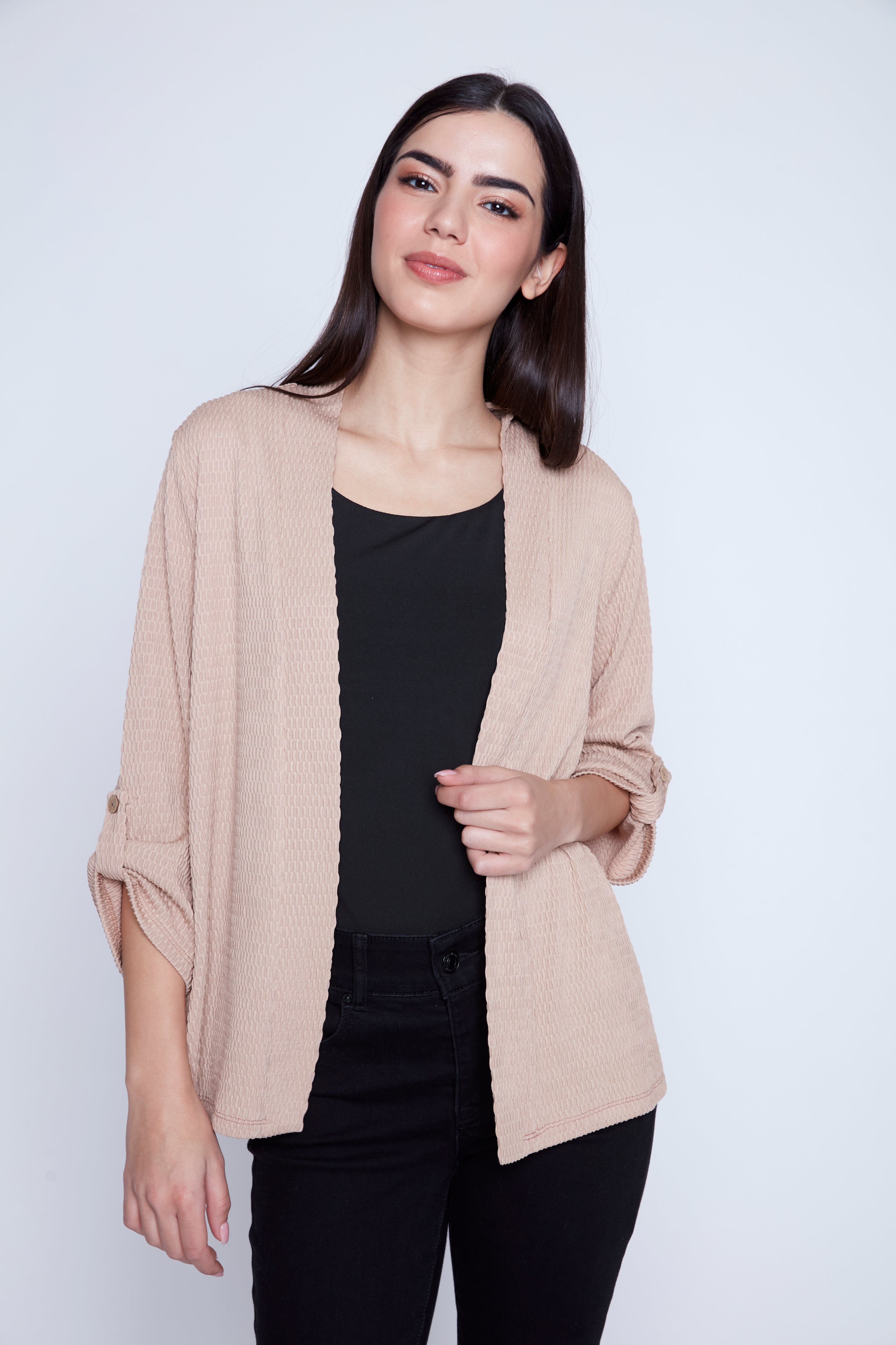 Textured cardigan with tab detail